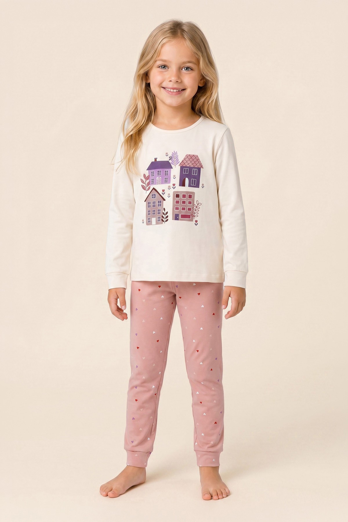 Kız Çocuk Pamuklu Bisiklet Yaka Ev ve Kalp Baskılı Uzun Kollu Pijama Takımı 9282 Pembe