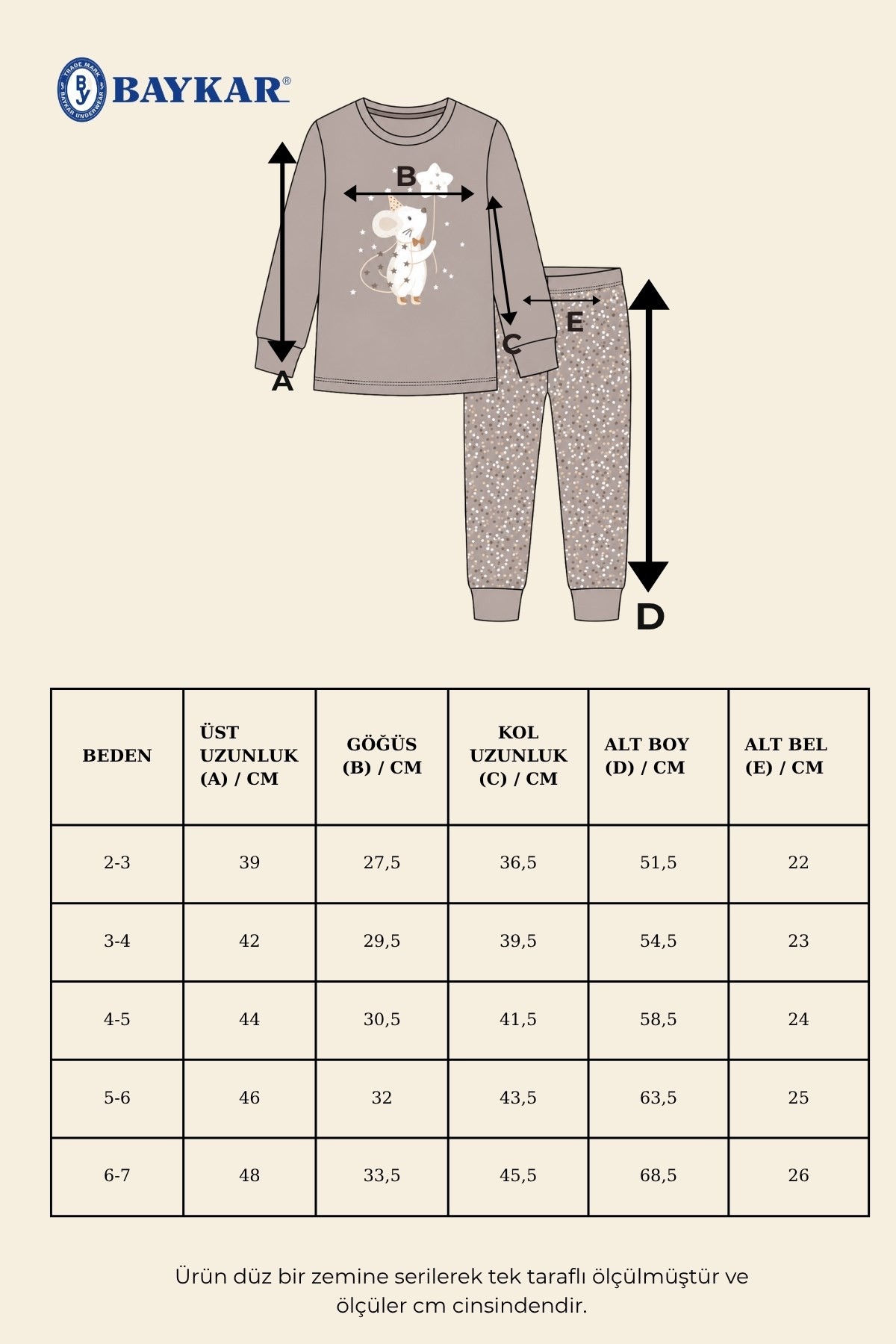 Kız Çocuk Pamuklu Bisiklet Yaka Fare Baskılı Uzun Kollu Pijama Takımı 9265 Kahve