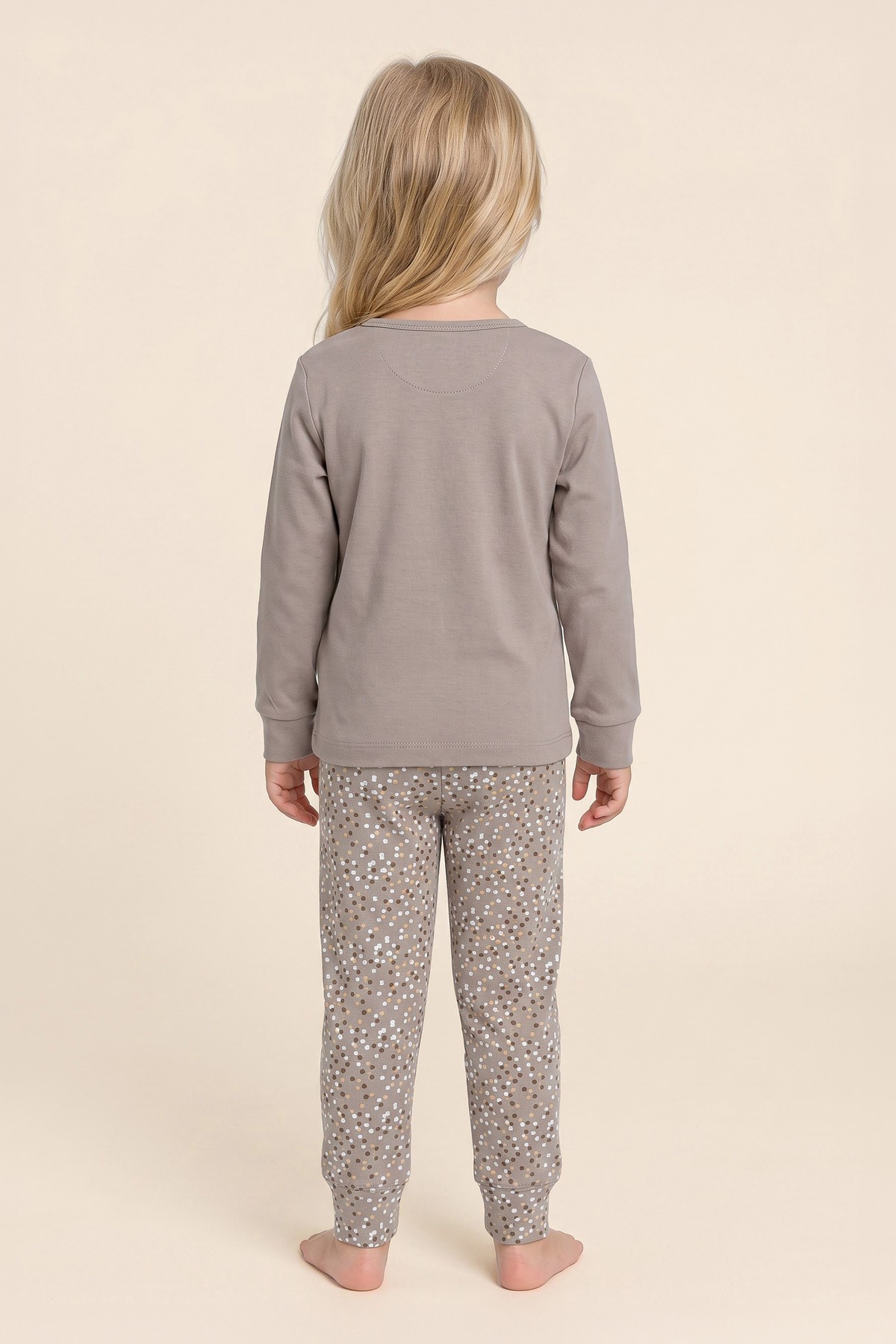 Kız Çocuk Pamuklu Bisiklet Yaka Fare Baskılı Uzun Kollu Pijama Takımı 9265 Kahve