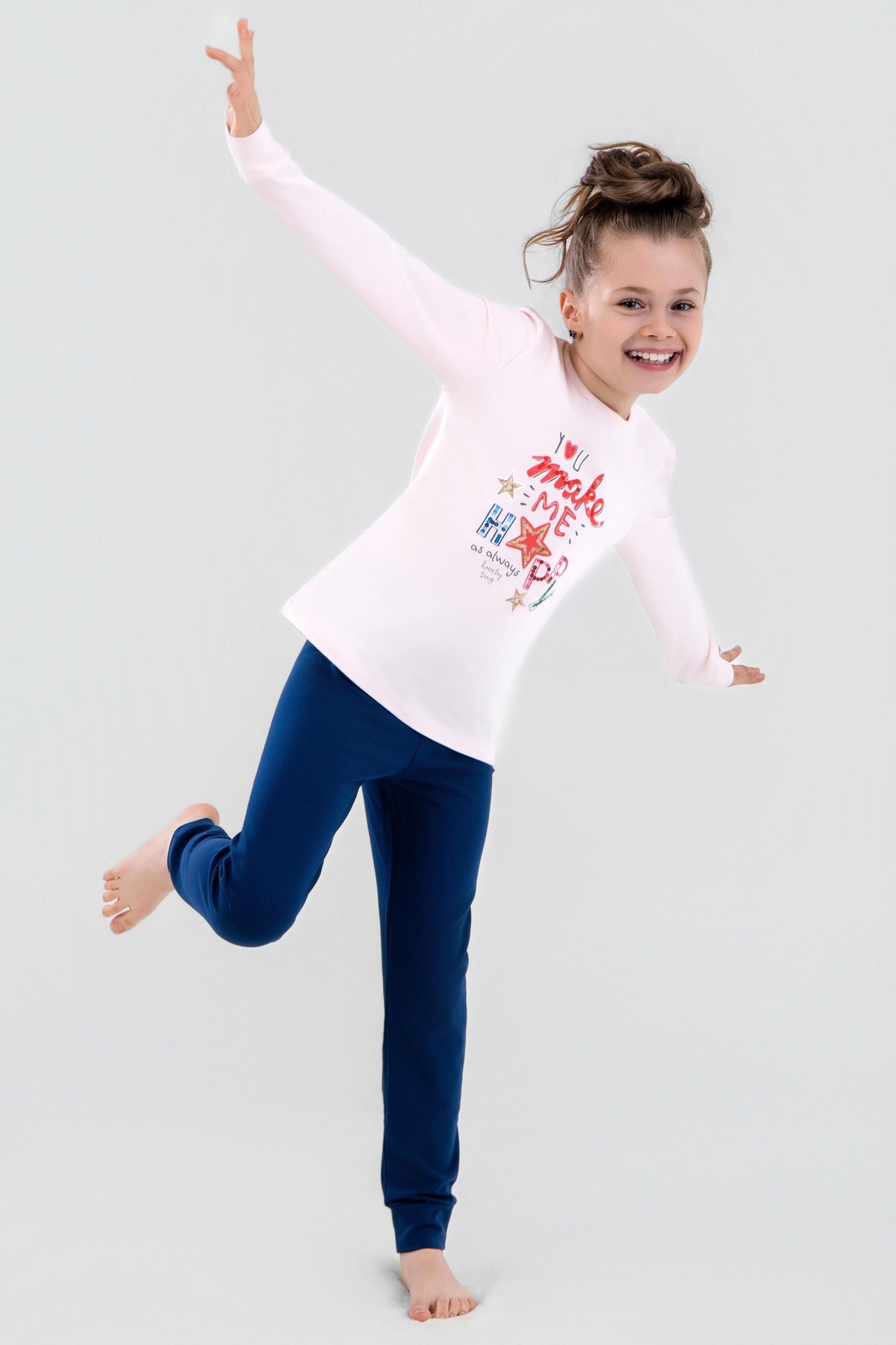 Kız Çocuk Pamuklu Bisiklet Yaka Happy Baskılı Uzun Kollu Pijama Takımı 9249 Lacivert