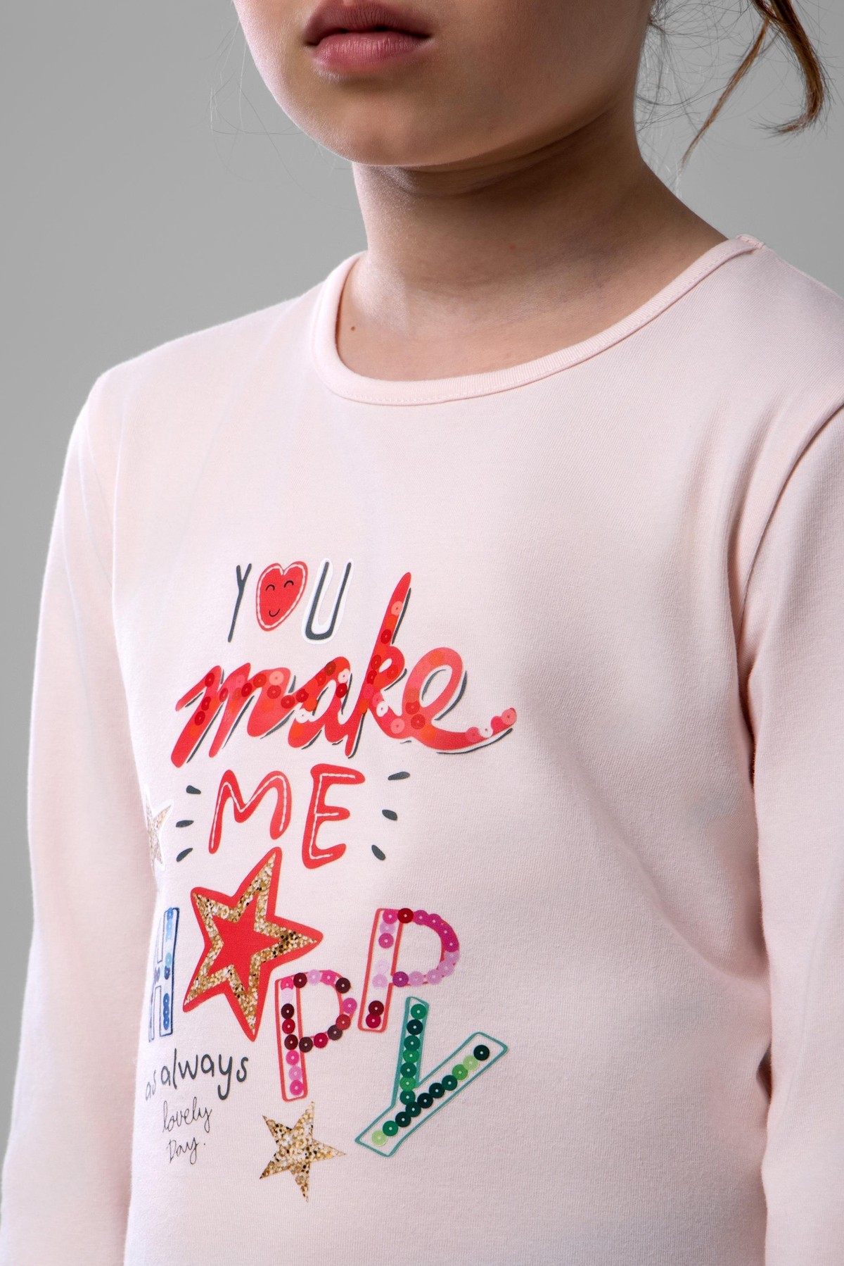 Kız Çocuk Pamuklu Bisiklet Yaka Happy Baskılı Uzun Kollu Pijama Takımı 9249 Lacivert
