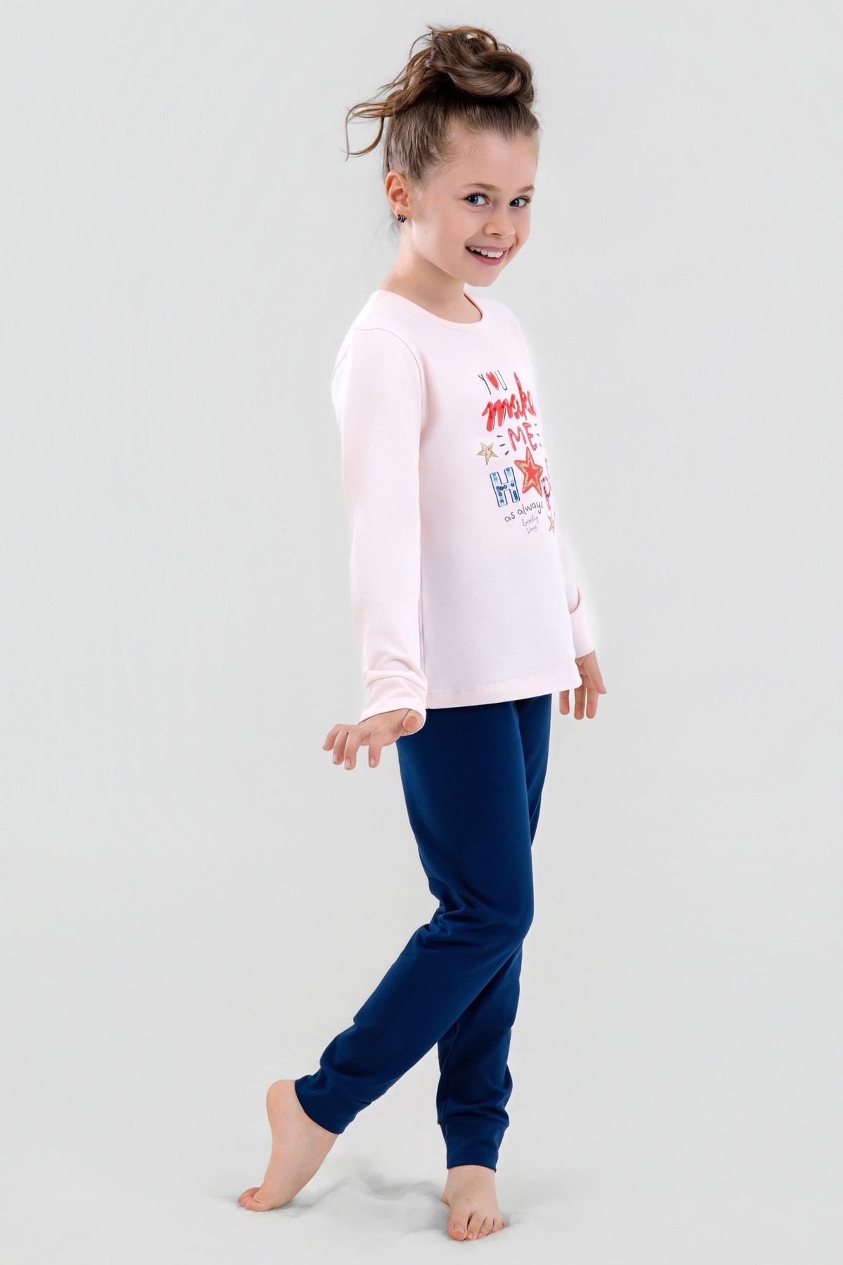 Kız Çocuk Pamuklu Bisiklet Yaka Happy Baskılı Uzun Kollu Pijama Takımı 9249 Lacivert