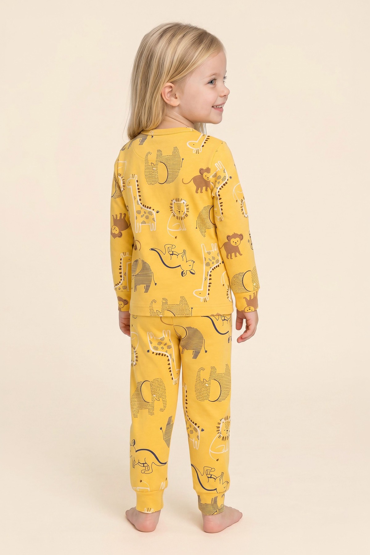 Kız Çocuk Pamuklu Bisiklet Yaka Hayvan Figürleri Baskılı Uzun Kollu Pijama Takımı 9658 Sarı