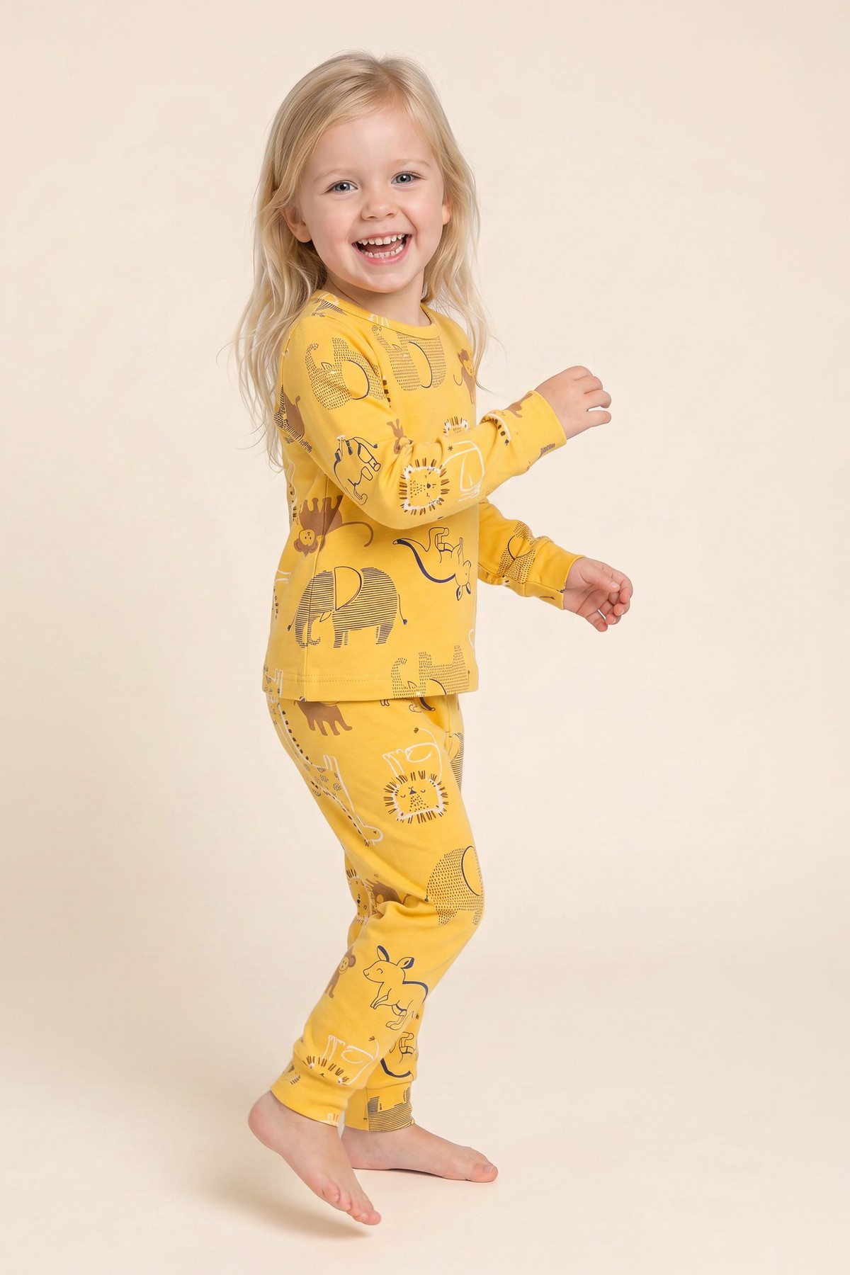 Kız Çocuk Pamuklu Bisiklet Yaka Hayvan Figürleri Baskılı Uzun Kollu Pijama Takımı 9658 Sarı