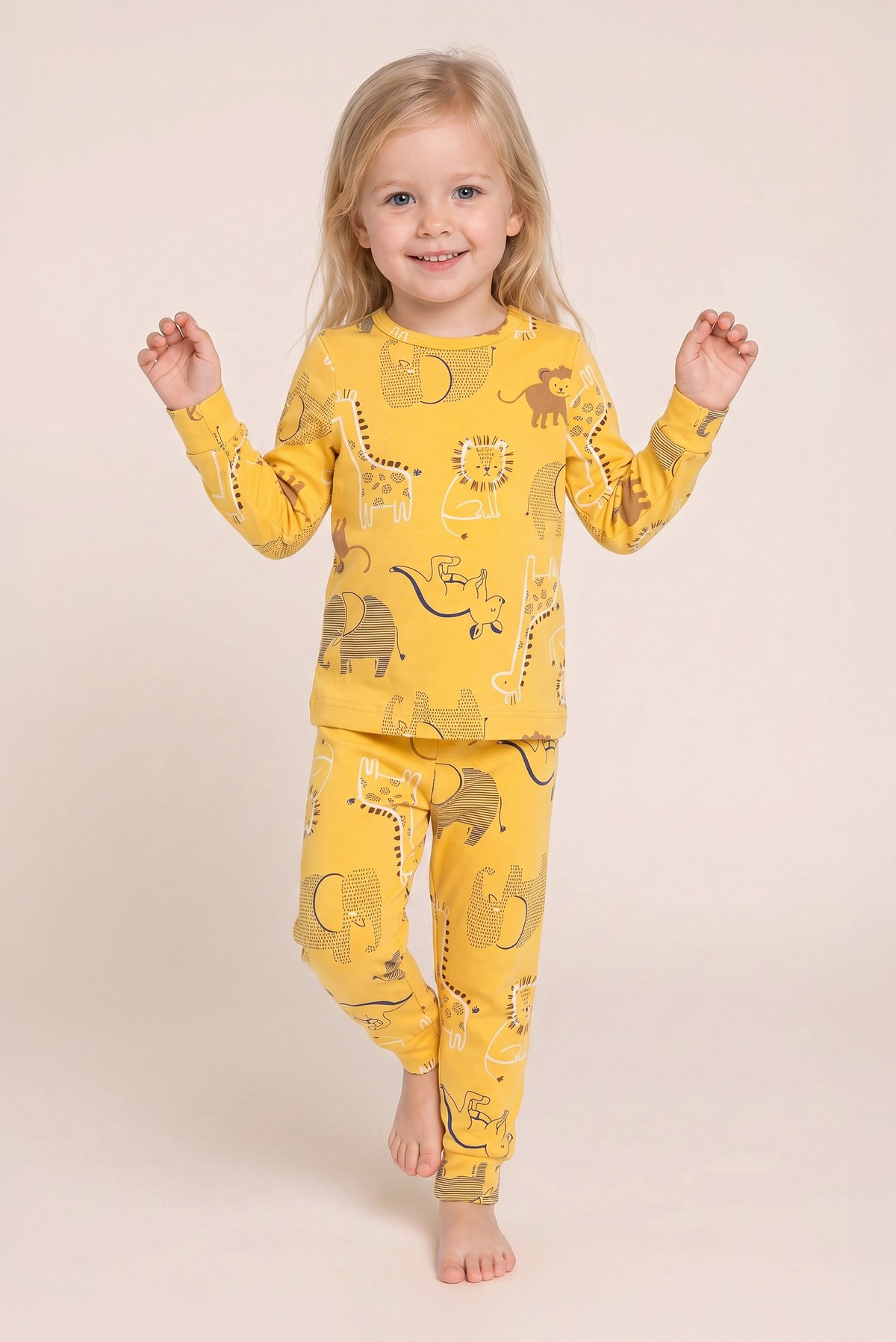 Kız Çocuk Pamuklu Bisiklet Yaka Hayvan Figürleri Baskılı Uzun Kollu Pijama Takımı 9658 Sarı