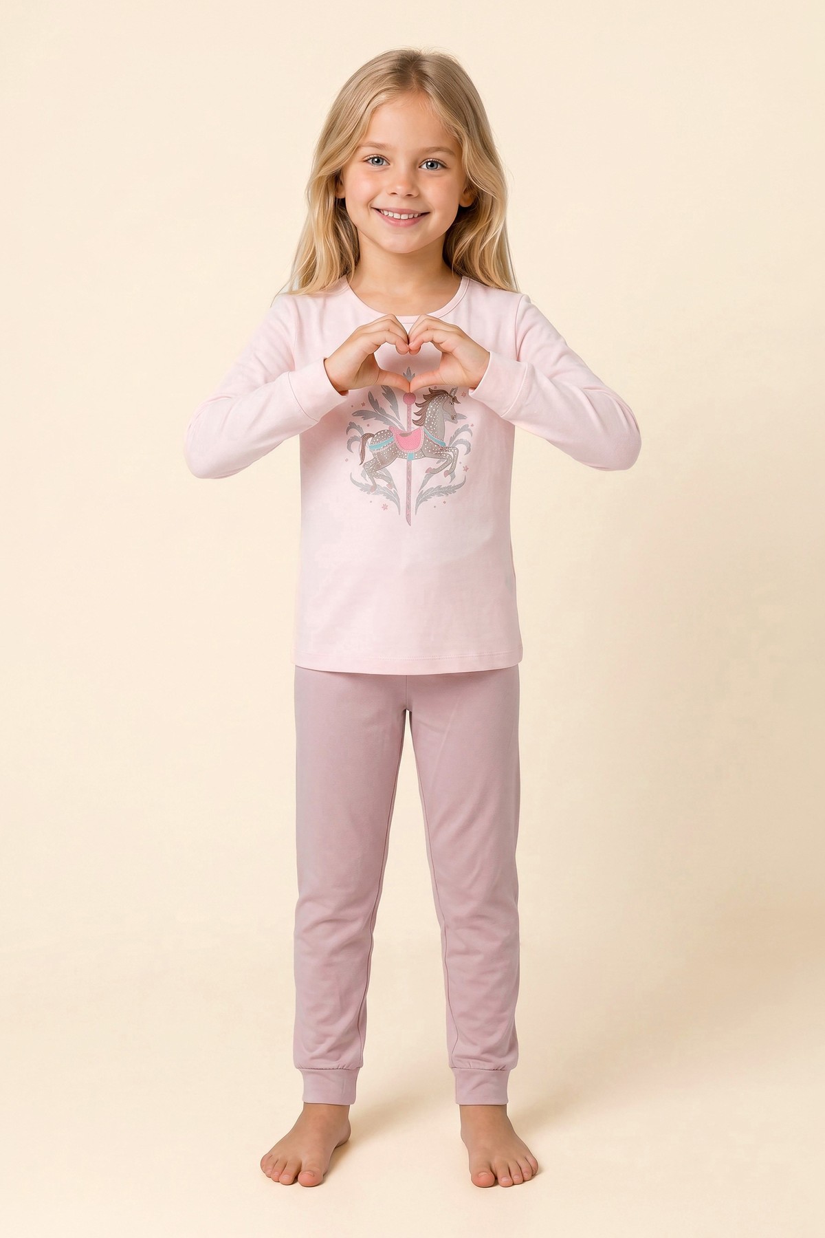 Kız Çocuk Pamuklu Bisiklet Yaka Işıltılı At Baskılı Uzun Kollu Pijama Takımı 9272 Pembe
