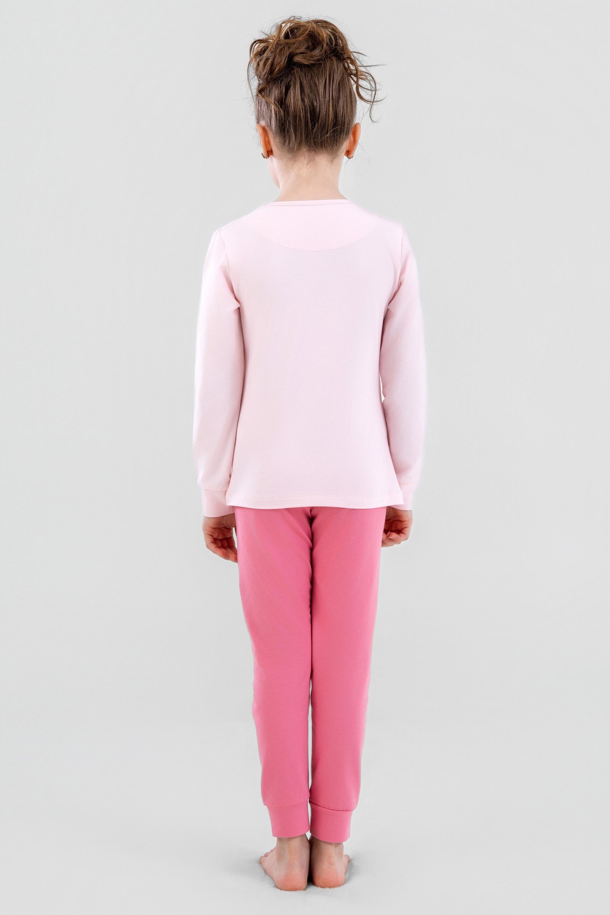 Kız Çocuk Pamuklu Bisiklet Yaka Tavşan Baskılı Uzun Kollu Pijama Takımı 9246 Pembe