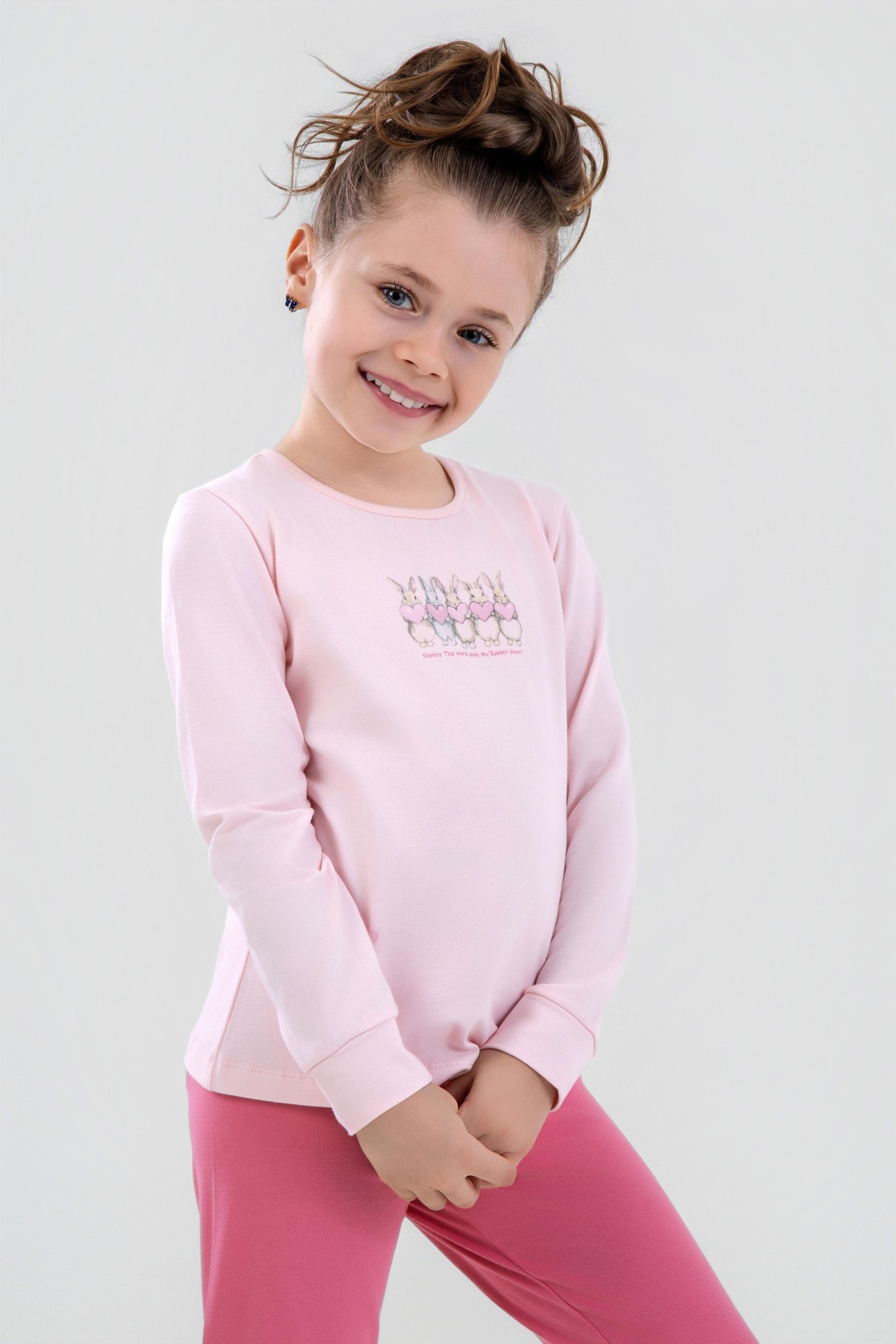 Kız Çocuk Pamuklu Bisiklet Yaka Tavşan Baskılı Uzun Kollu Pijama Takımı 9246 Pembe