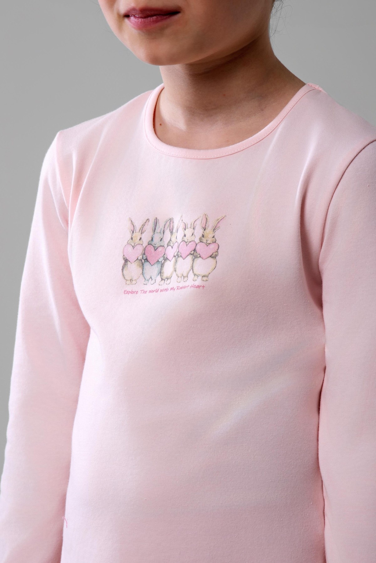 Kız Çocuk Pamuklu Bisiklet Yaka Tavşan Baskılı Uzun Kollu Pijama Takımı 9246 Pembe