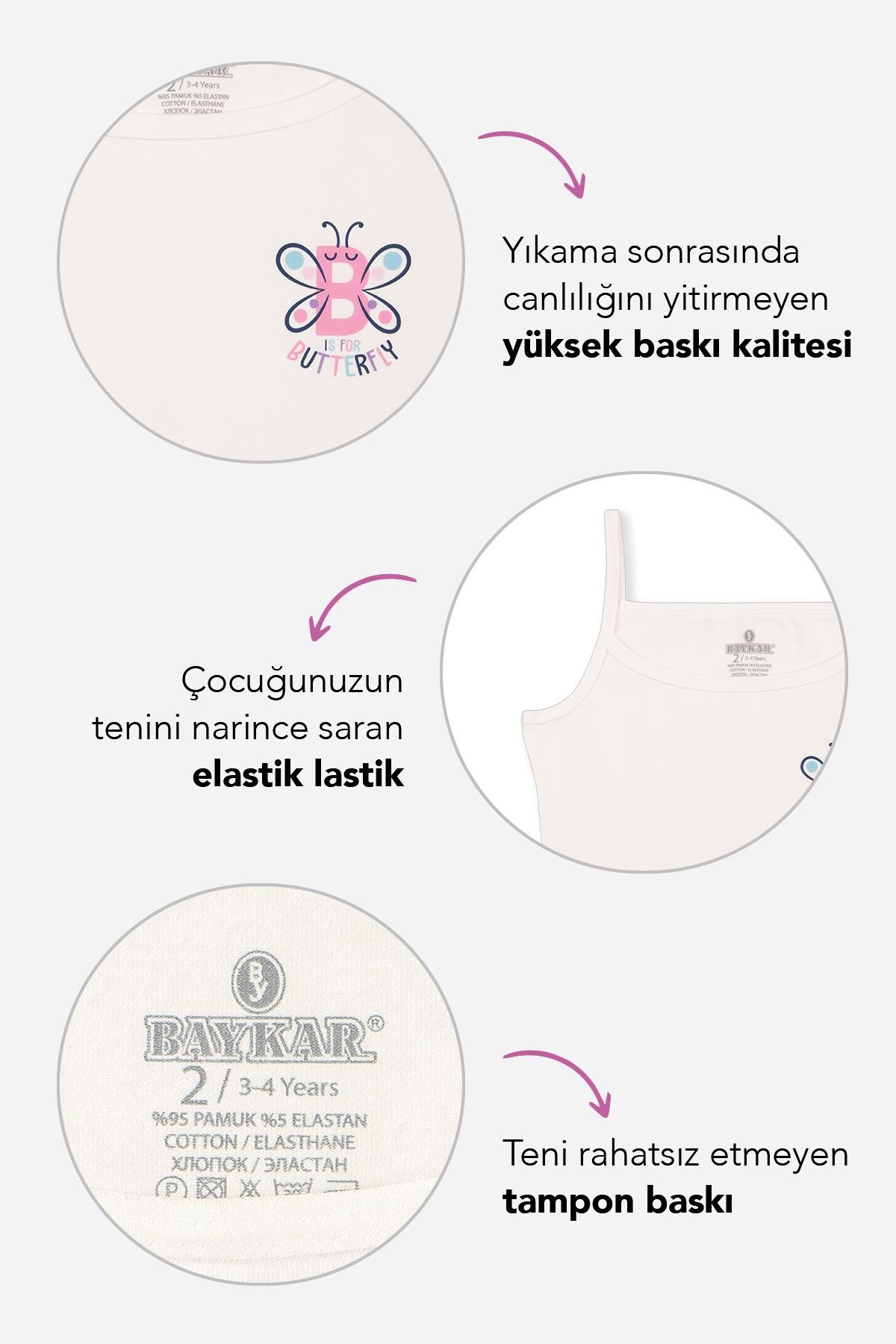 Kız Çocuk Pamuklu İnce İp Askılı Renkli Baskılı Klasik Atlet 3lü Paket 4348 Renkli