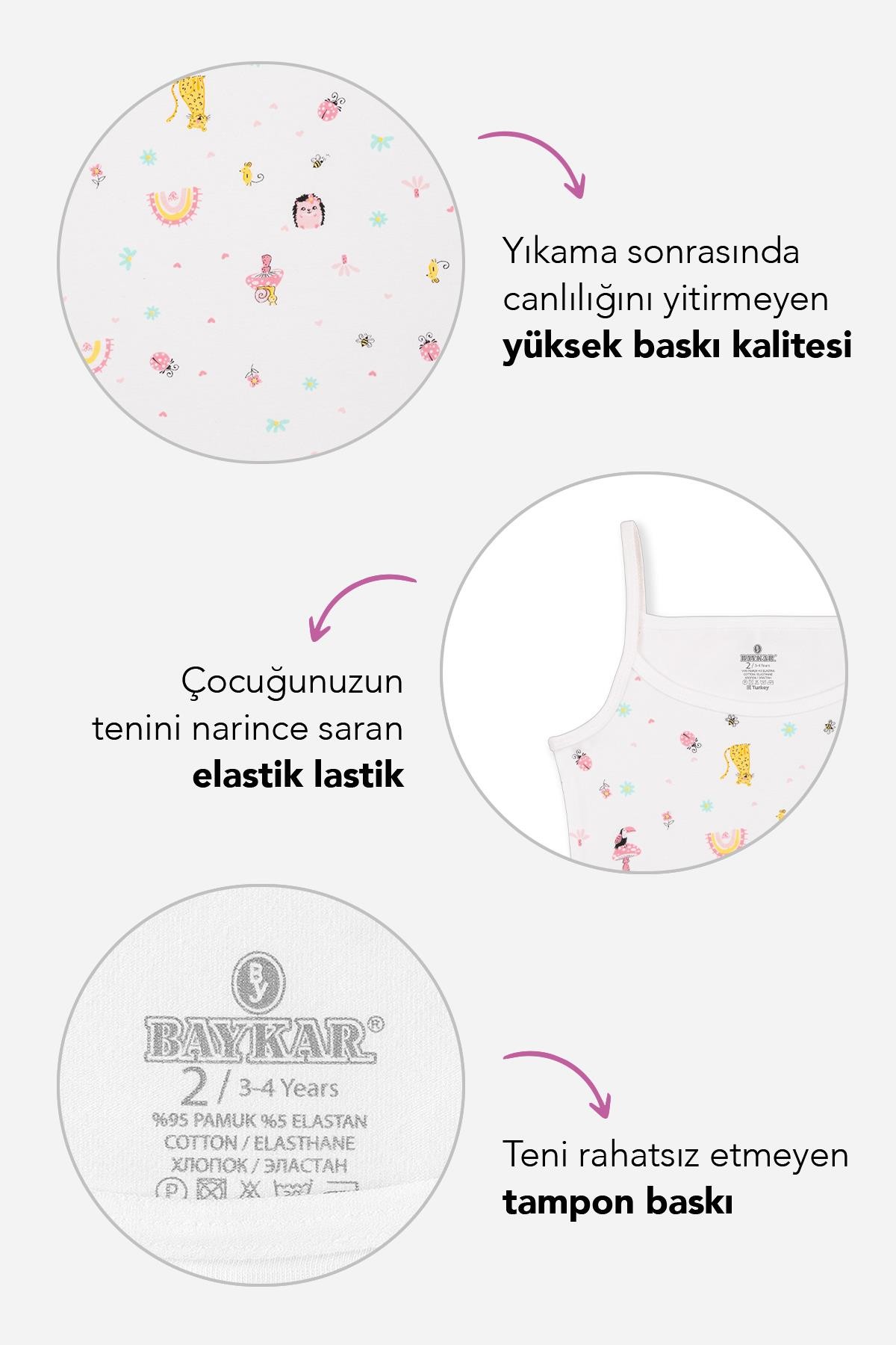 Kız Çocuk Pamuklu İnce İp Askılı Renkli Baskılı Klasik Atlet 3lü Paket 4328 Renkli
