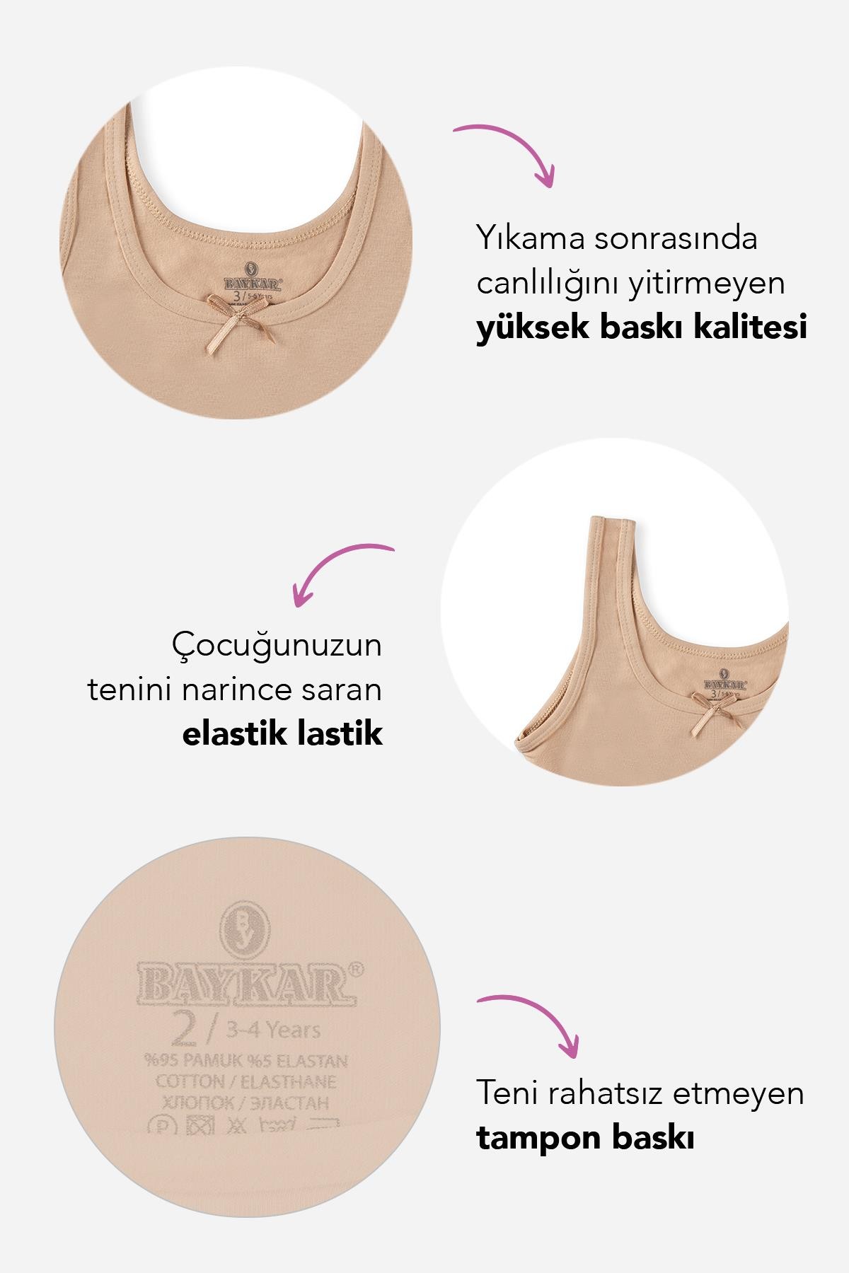 Kız Çocuk Pamuklu Kalın Askılı Kurdela Detaylı Yarım Atlet 3'lü Paket 4768 Ten Rengi