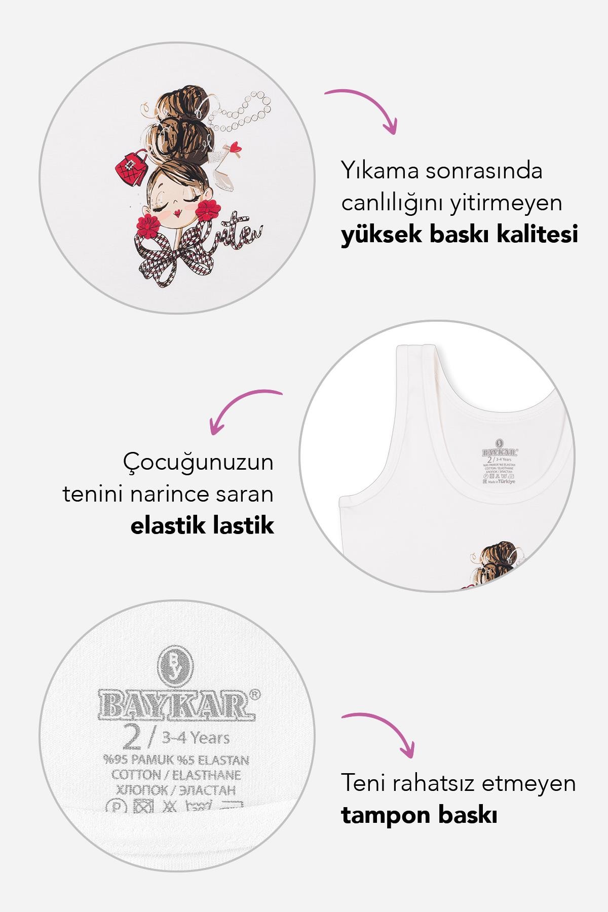 Kız Çocuk Pamuklu Kalın Askılı Renkli Baskılı Klasik Atlet 3'lü Paket 4394 Renkli