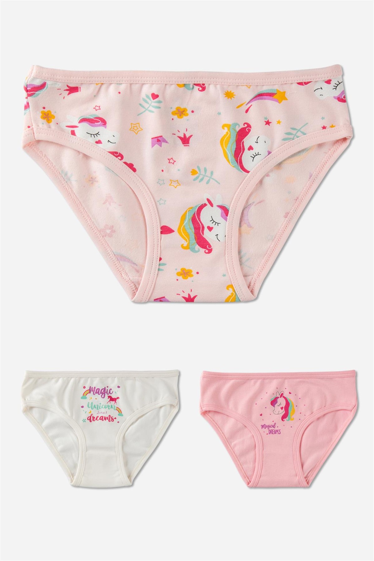Kız Çocuk Pamuklu Renkli Baskılı Bikini Külot 3'lü Paket Beyaz