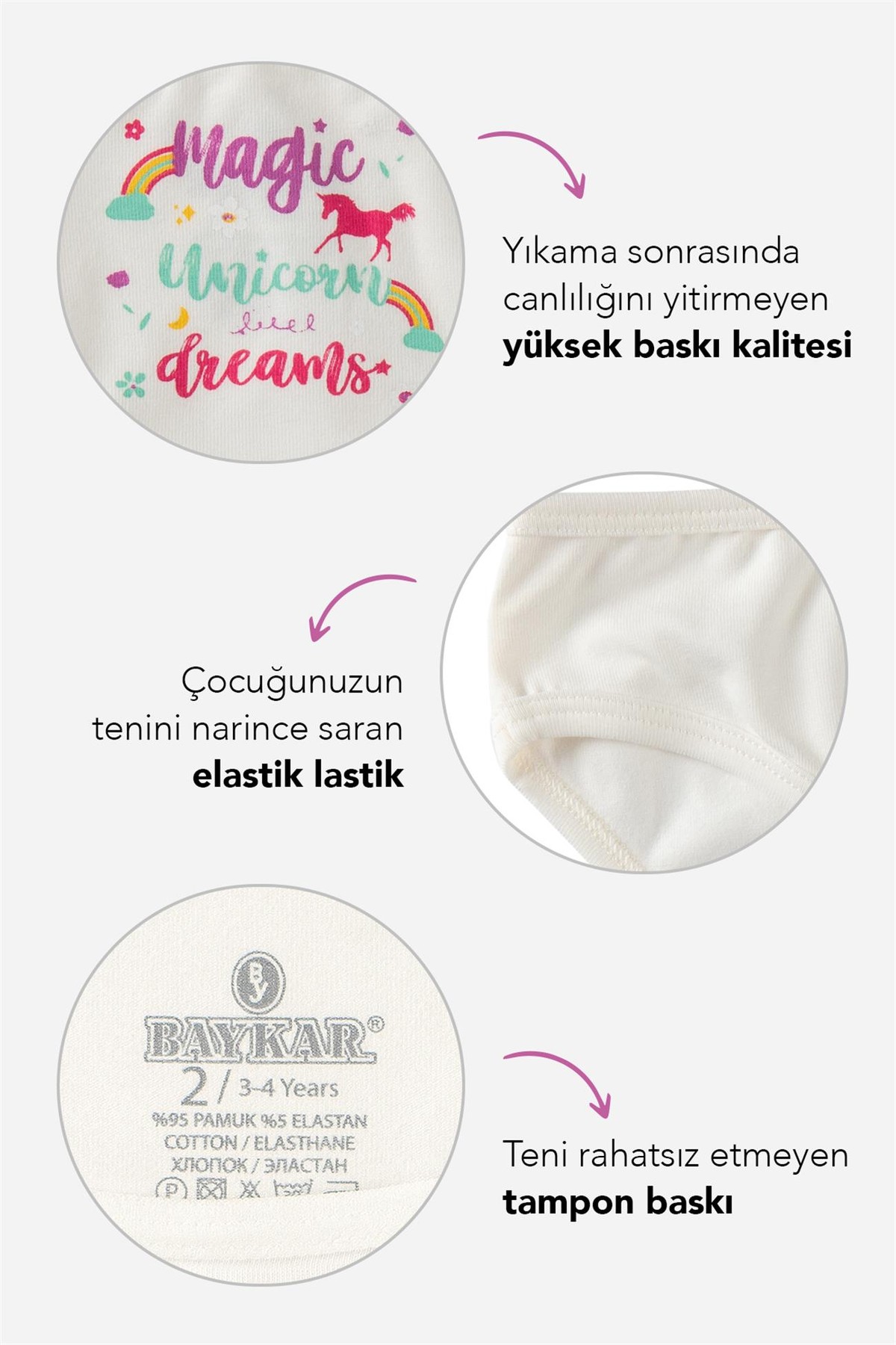 Kız Çocuk Pamuklu Renkli Baskılı Bikini Külot 3'lü Paket Beyaz