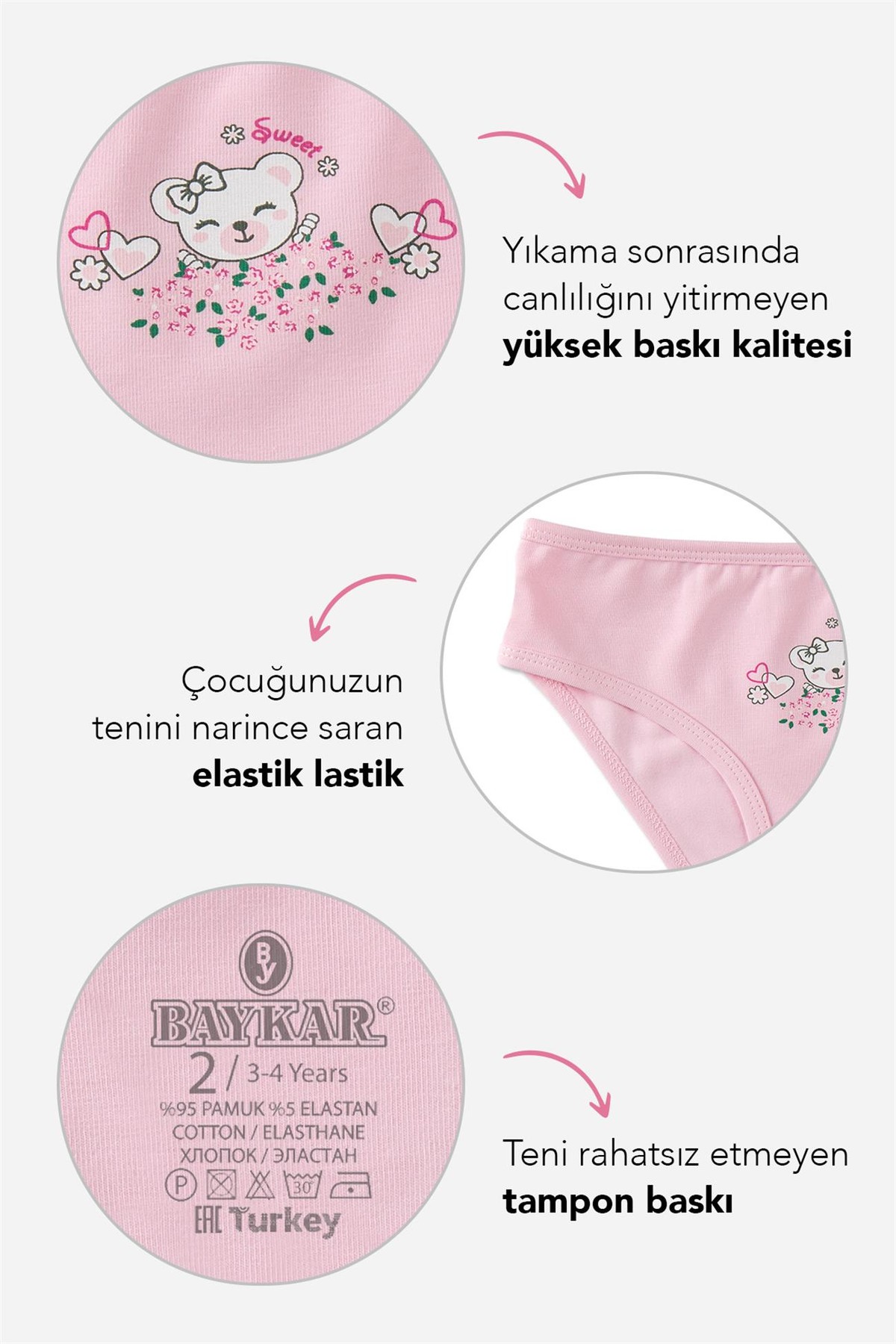 Kız Çocuk Pamuklu Renkli Baskılı Bikini Külot 3'lü Paket 5674 Renkli