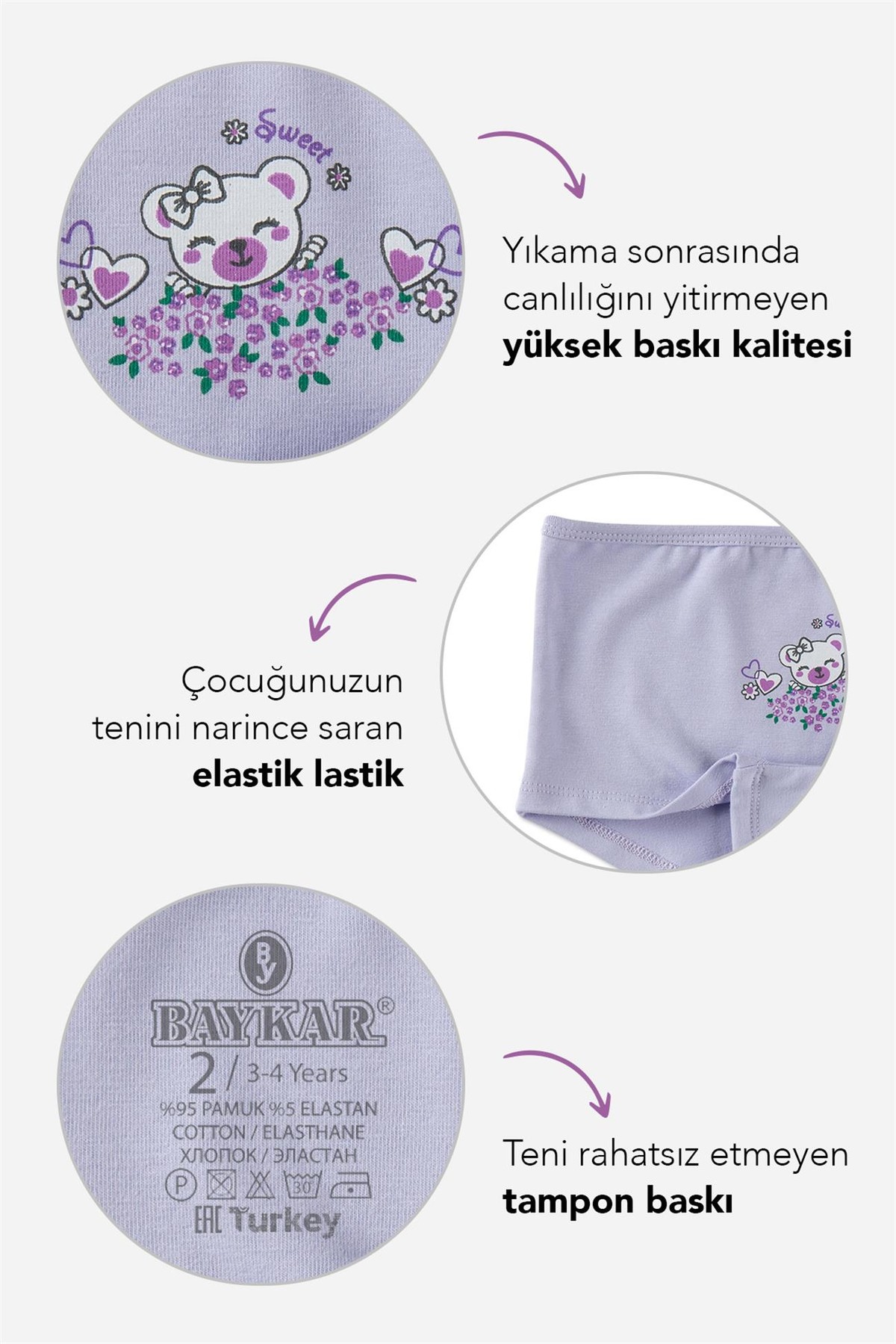 Kız Çocuk Pamuklu Renkli Baskılı Likralı Boxer 3'lü Paket 5676 Renkli