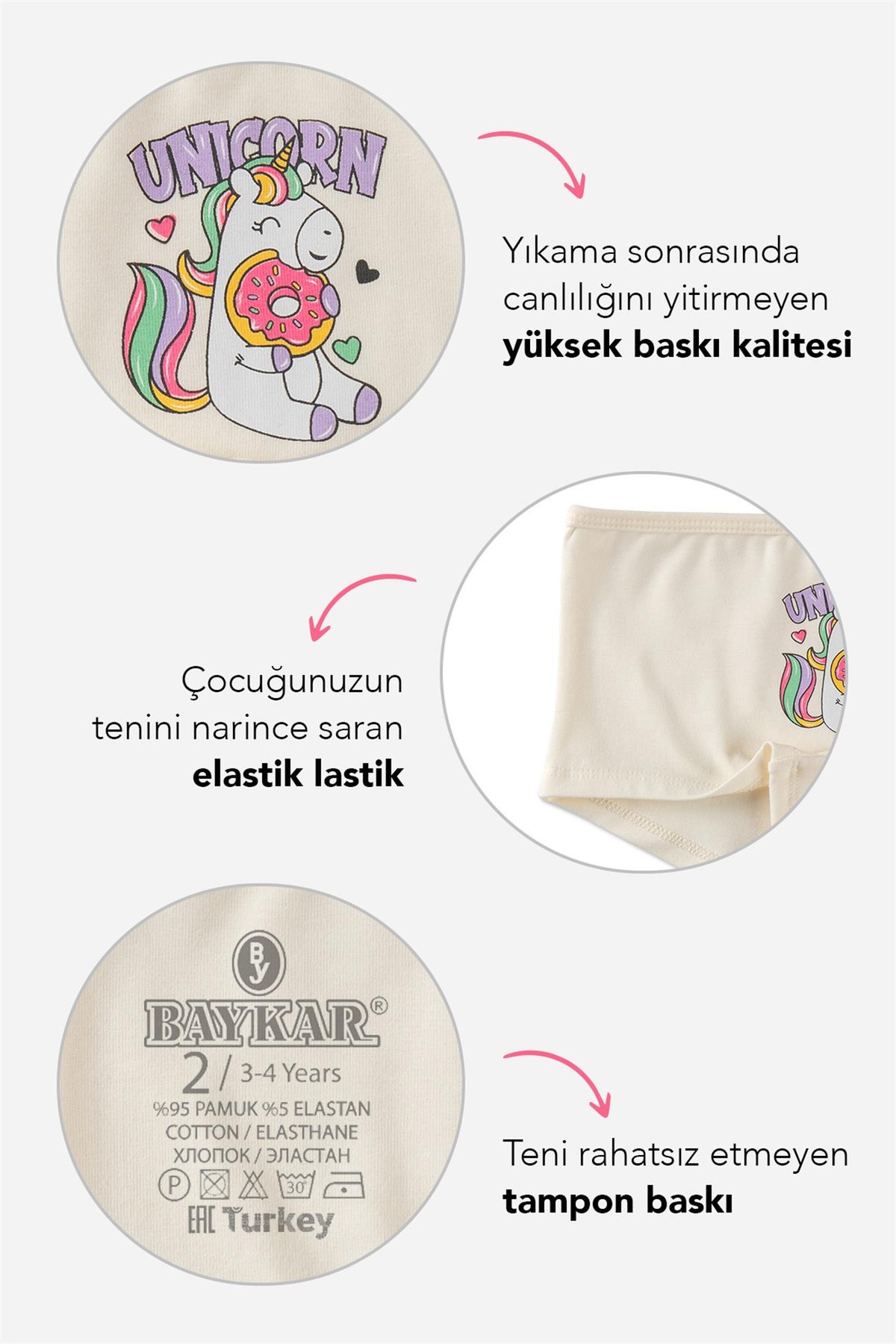 Kız Çocuk Pamuklu Renkli Baskılı Likralı Boxer 3'lü Paket 5692 Renkli