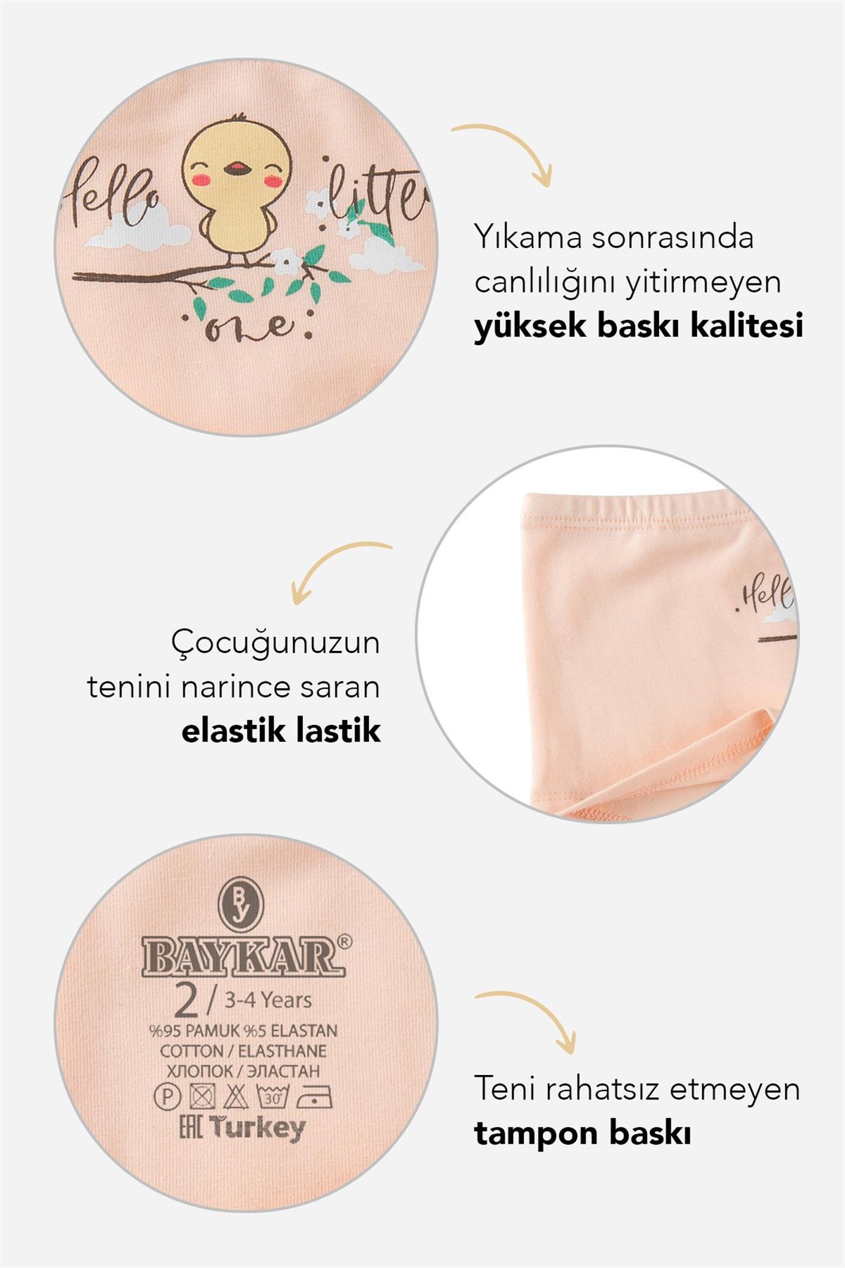 Kız Çocuk Pamuklu Renkli Baskılı Likralı Boxer 3'lü Paket 5664 Renkli