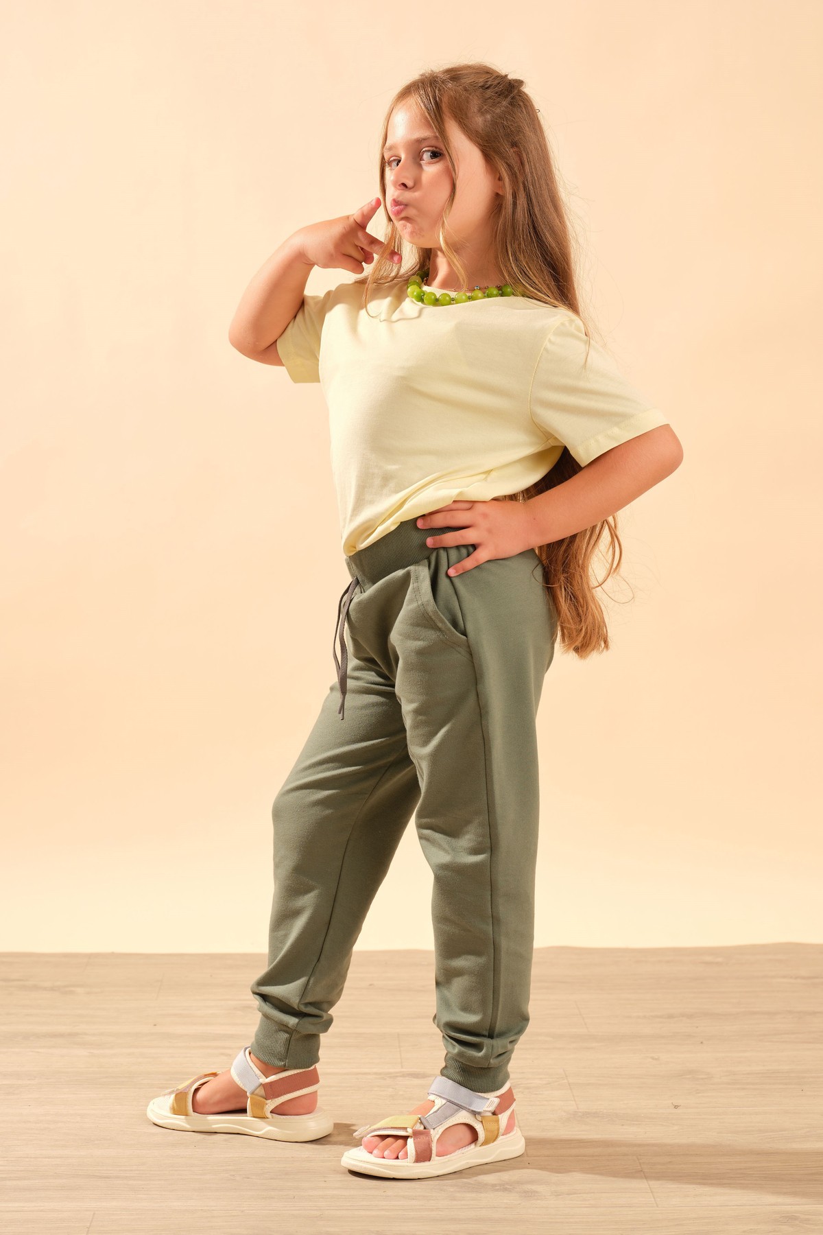 Unisex Çocuk Beli Lastikli Cepli Pamuklu Jogger Eşofman Pantolon 9055 Yeşil