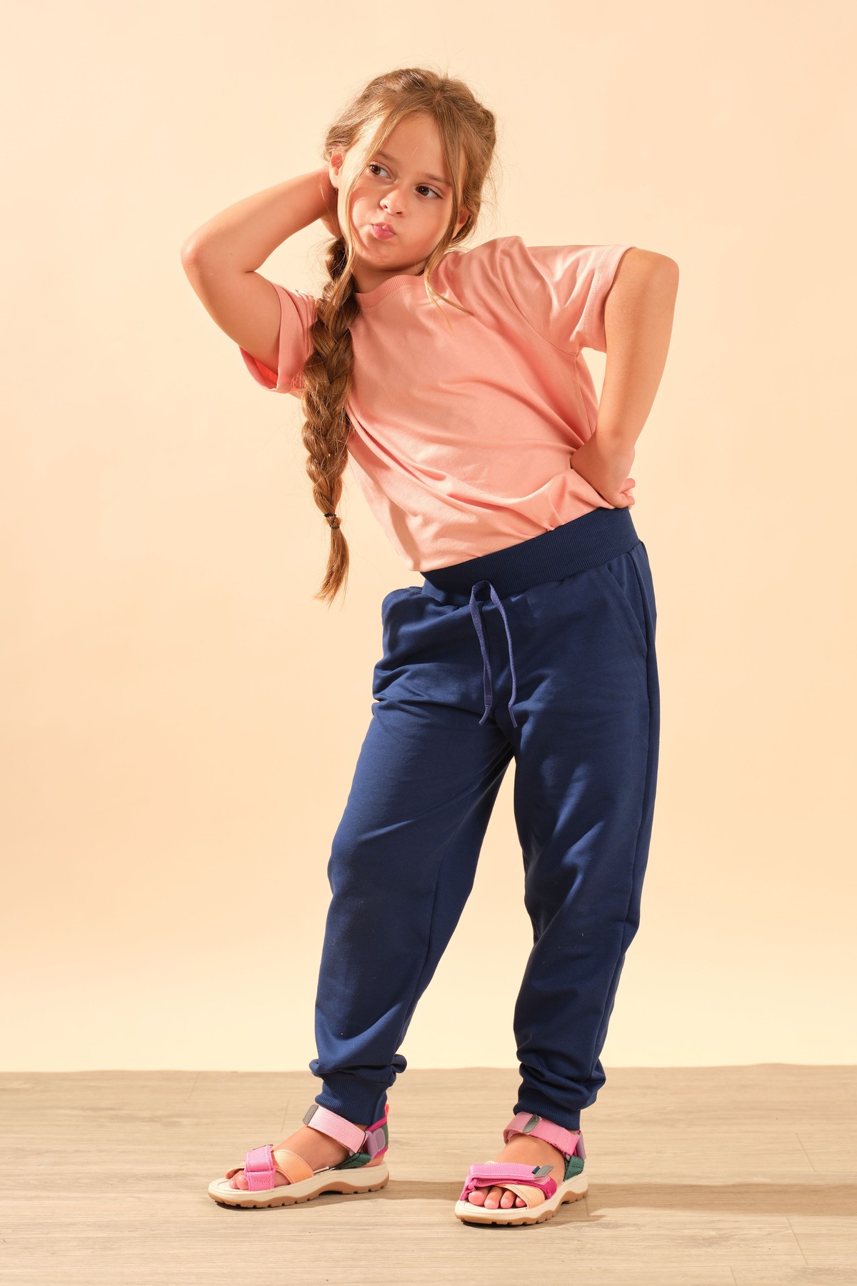 Unisex Çocuk Beli Lastikli Cepli Pamuklu Jogger Eşofman Pantolon 9055 Lacivert