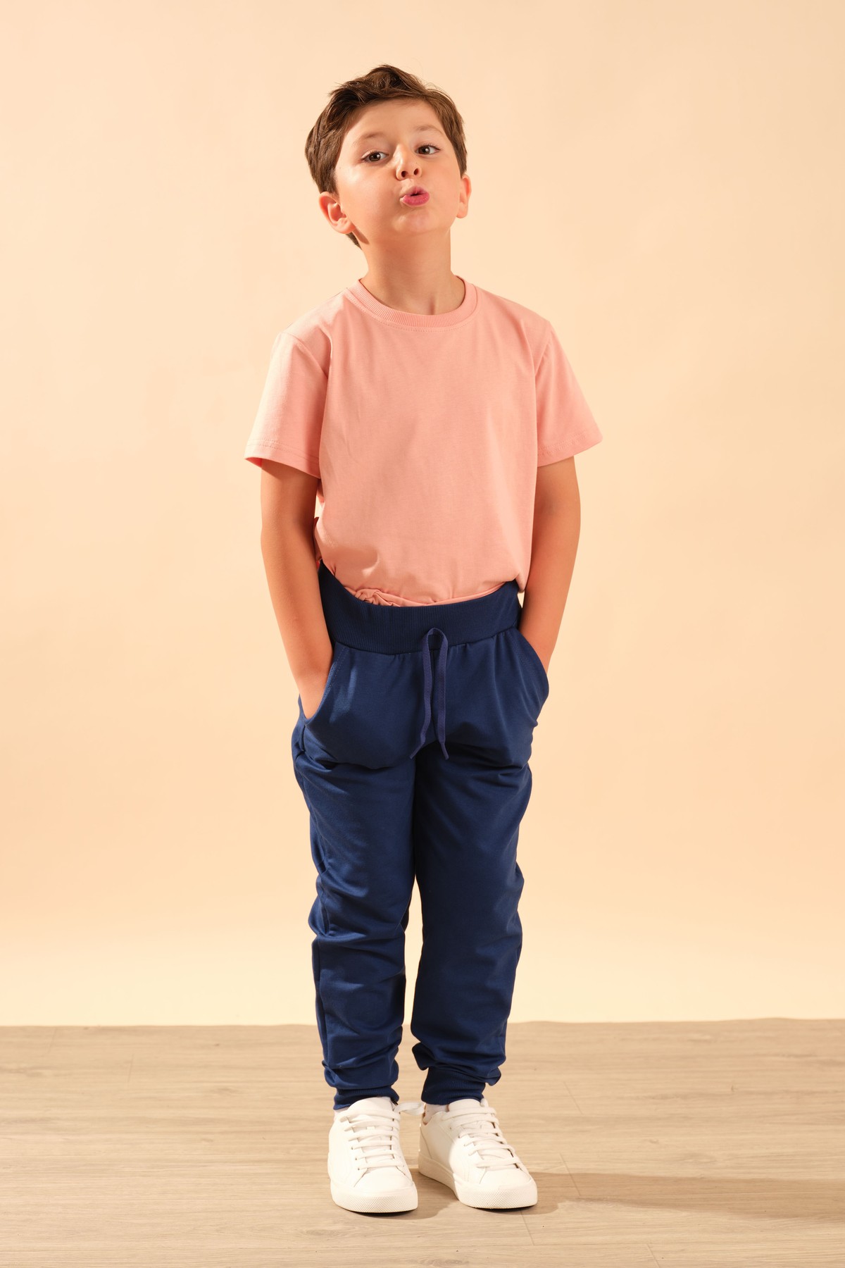 Unisex Çocuk Beli Lastikli Cepli Pamuklu Jogger Eşofman Pantolon 9055 Lacivert