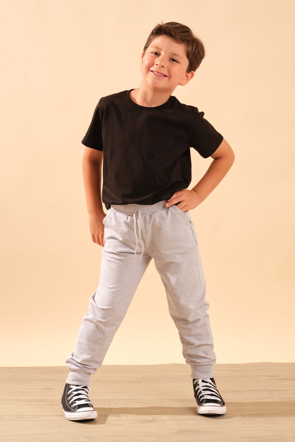 Unisex Çocuk Beli Lastikli Cepli Pamuklu Jogger Eşofman Pantolon 9055 Gri