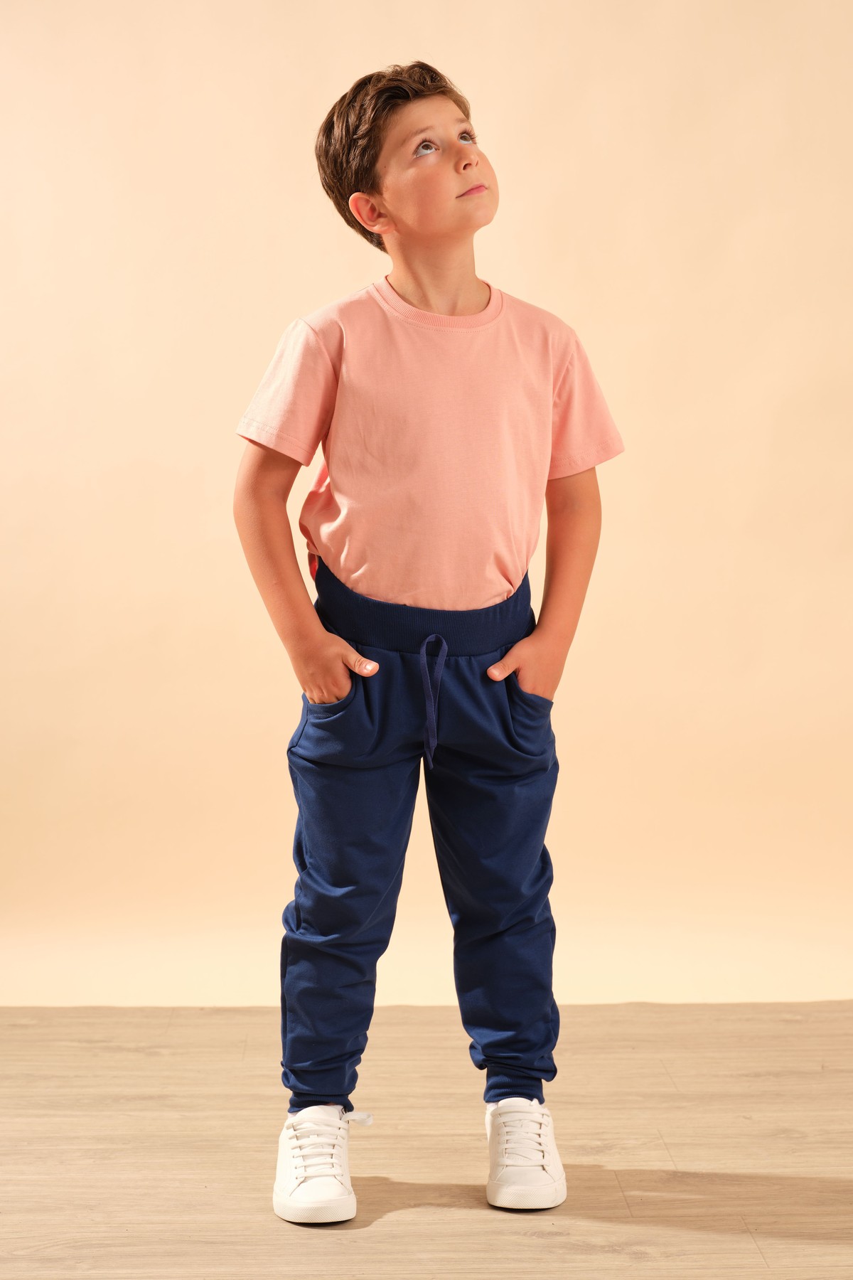 Unisex Çocuk Beli Lastikli Cepli Pamuklu Jogger Eşofman Pantolon 9055 Lacivert