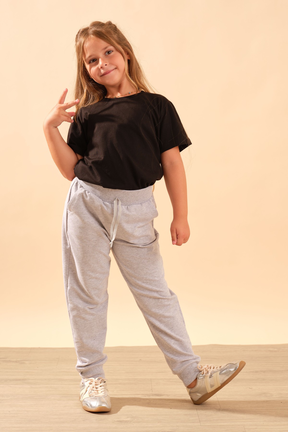 Unisex Çocuk Beli Lastikli Cepli Pamuklu Jogger Eşofman Pantolon 9055 Gri