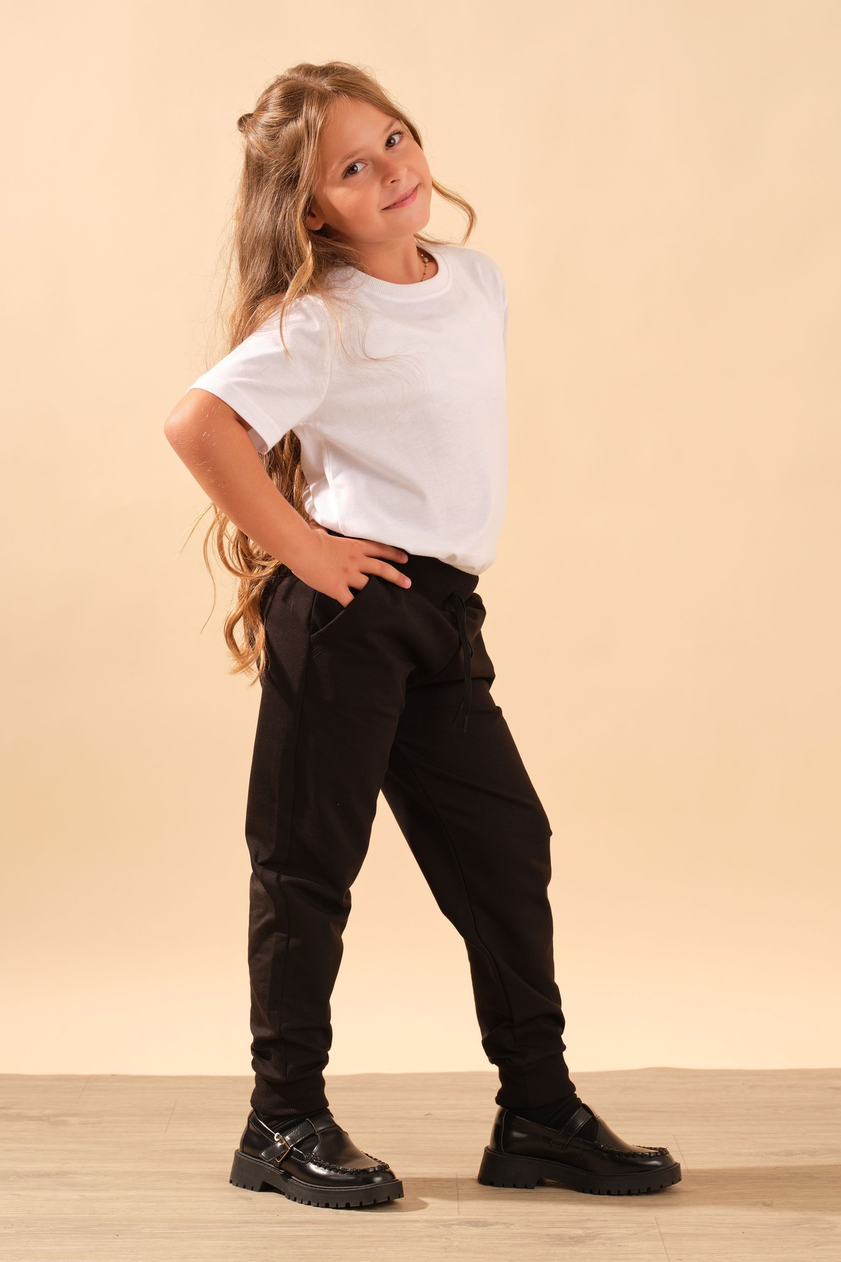 Unisex Çocuk Beli Lastikli Cepli Pamuklu Jogger Eşofman Pantolon 9055 Siyah