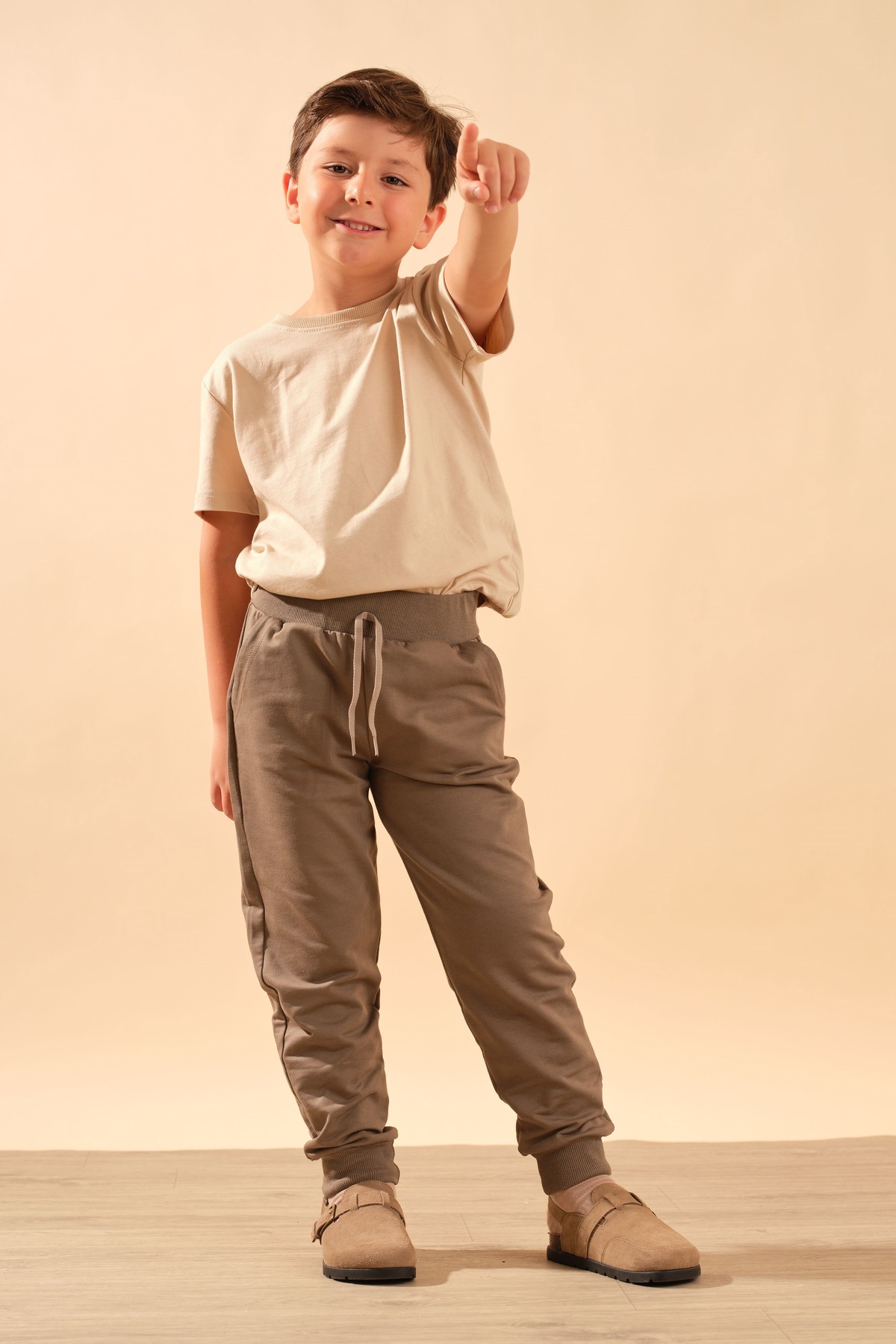Unisex Çocuk Beli Lastikli Cepli Pamuklu Jogger Eşofman Pantolon 9055 Kahve