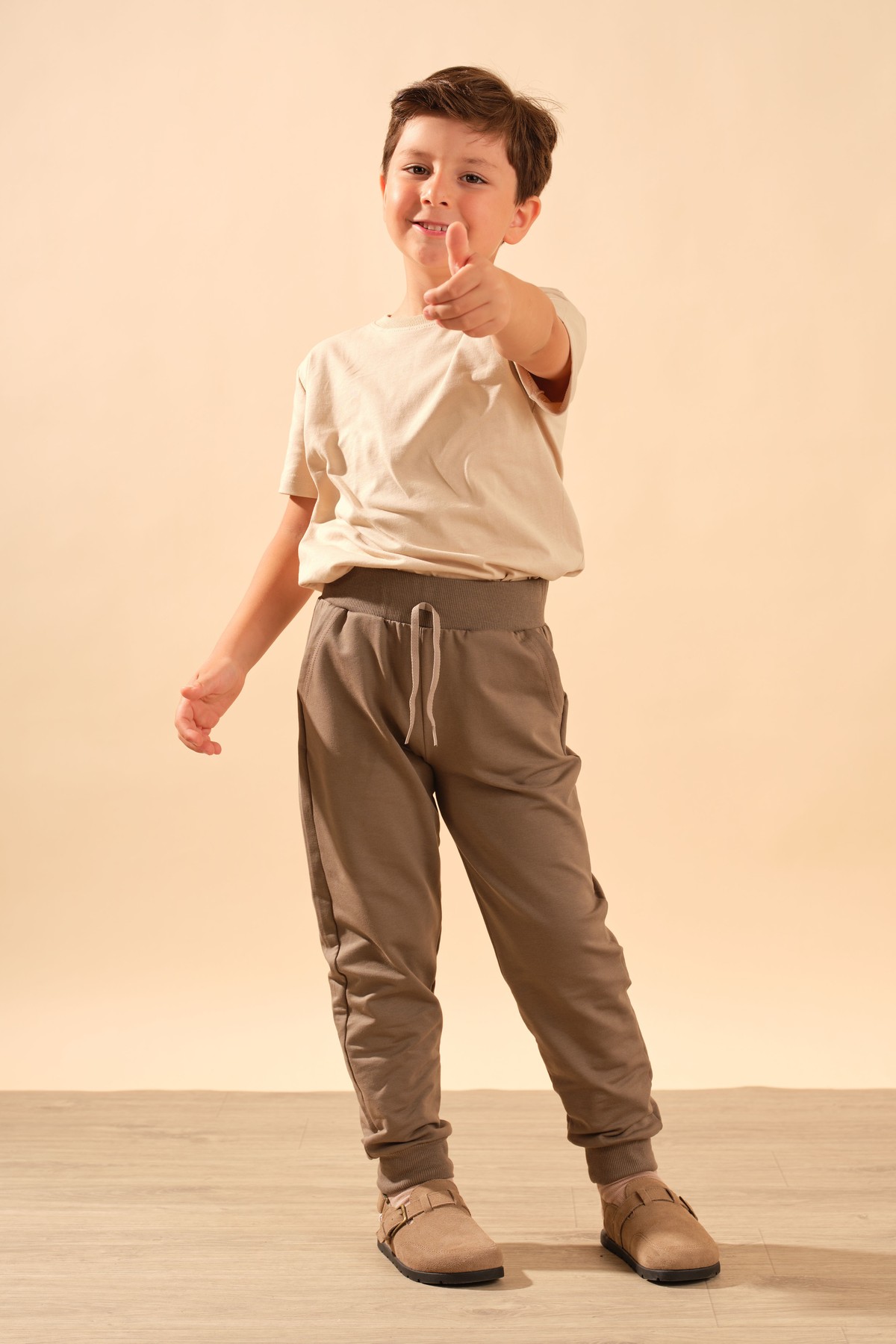 Unisex Çocuk Beli Lastikli Cepli Pamuklu Jogger Eşofman Pantolon 9055 Kahve