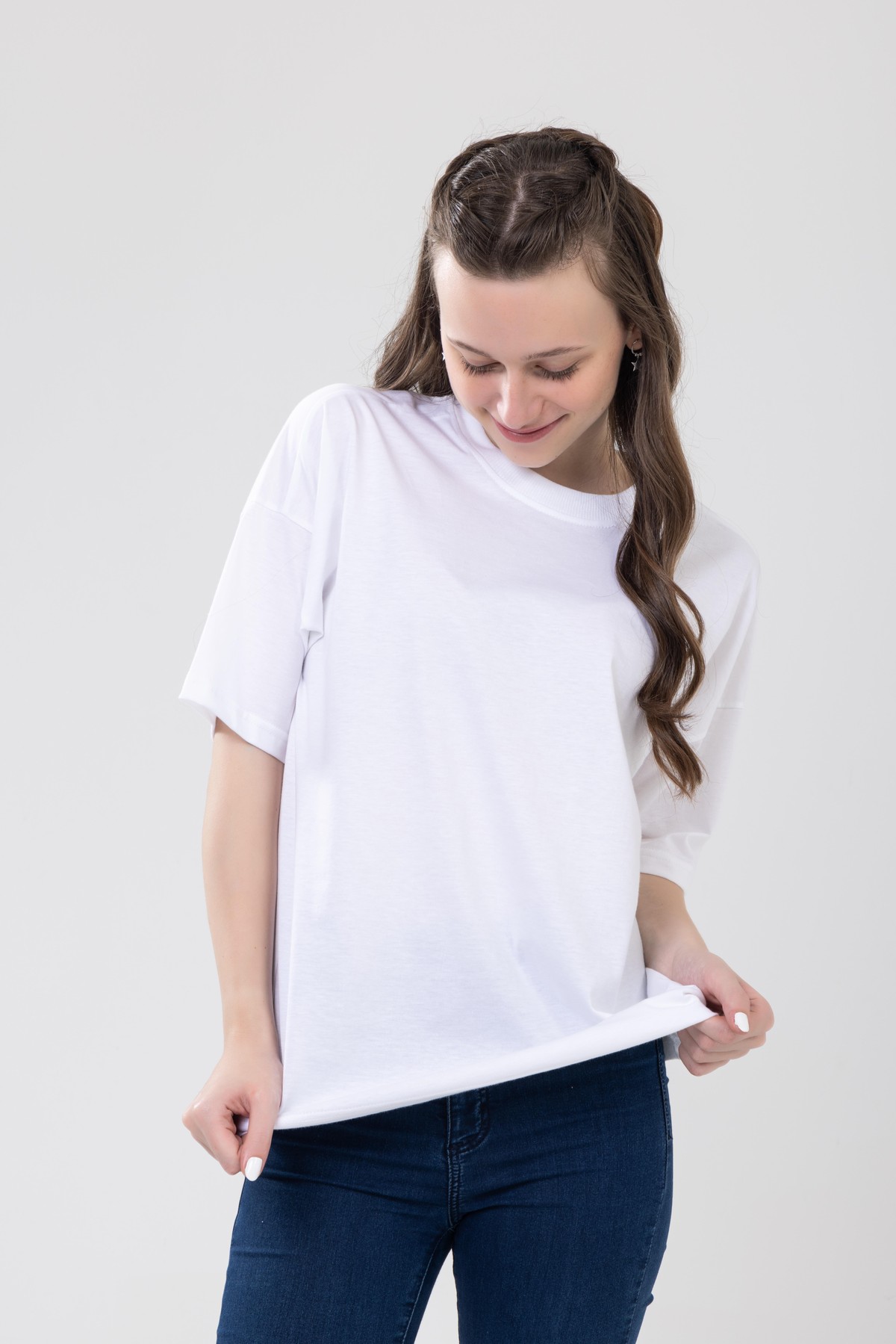 Unisex Çocuk Bisiklet Yaka Kısa Kol %100 Pamuk Oversize Tişört Beyaz
