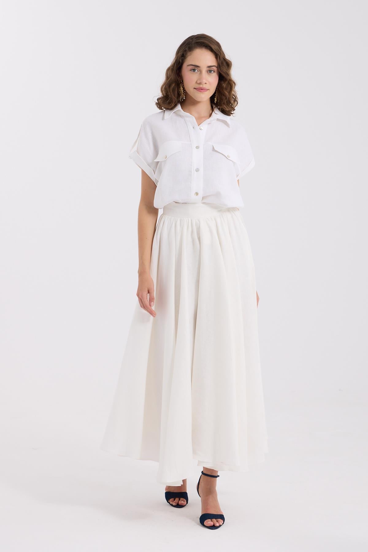 %100 Keten Emily Maxi Boy Etek Beyaz