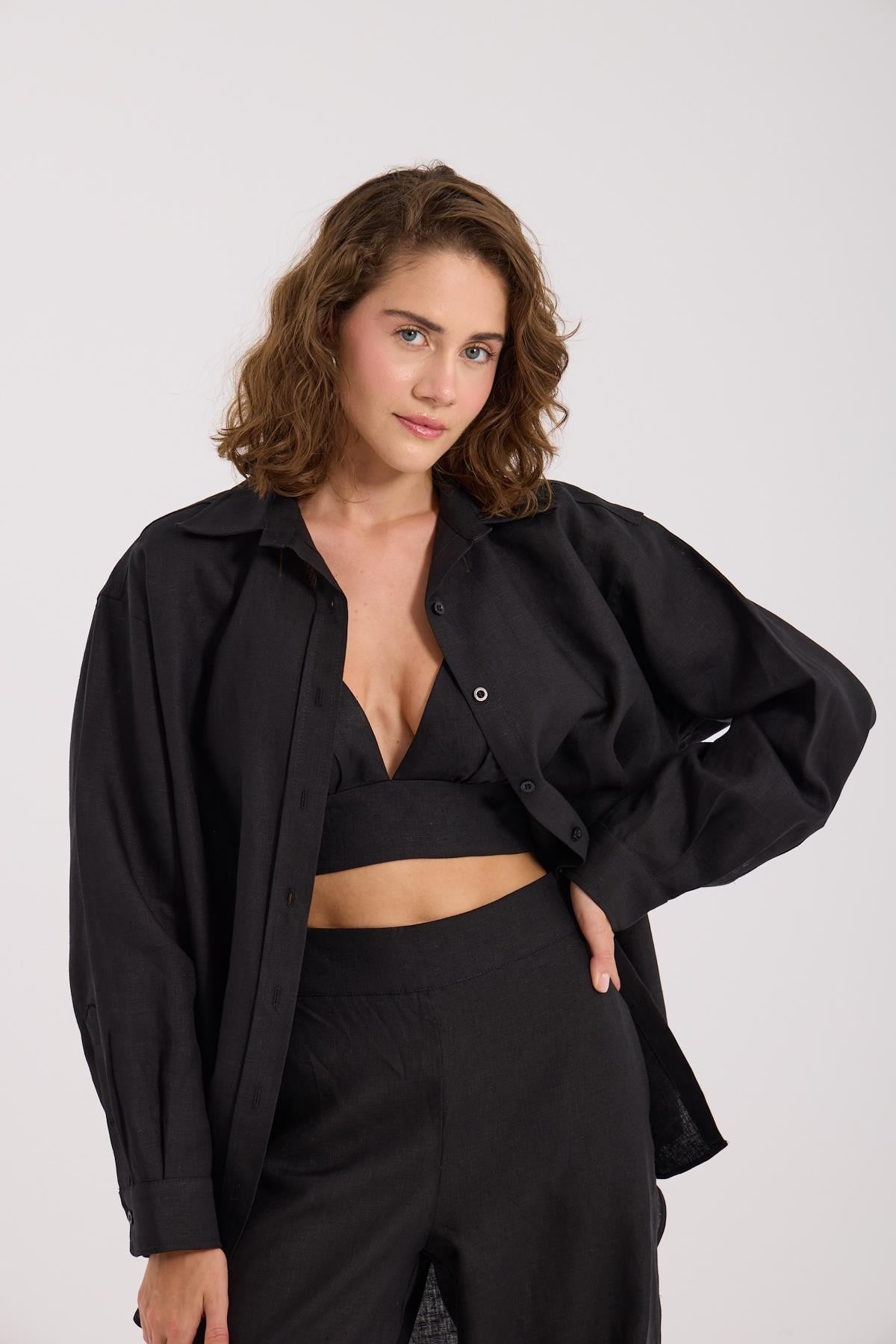 %100 Natural Linen Serentiy Shirt Black