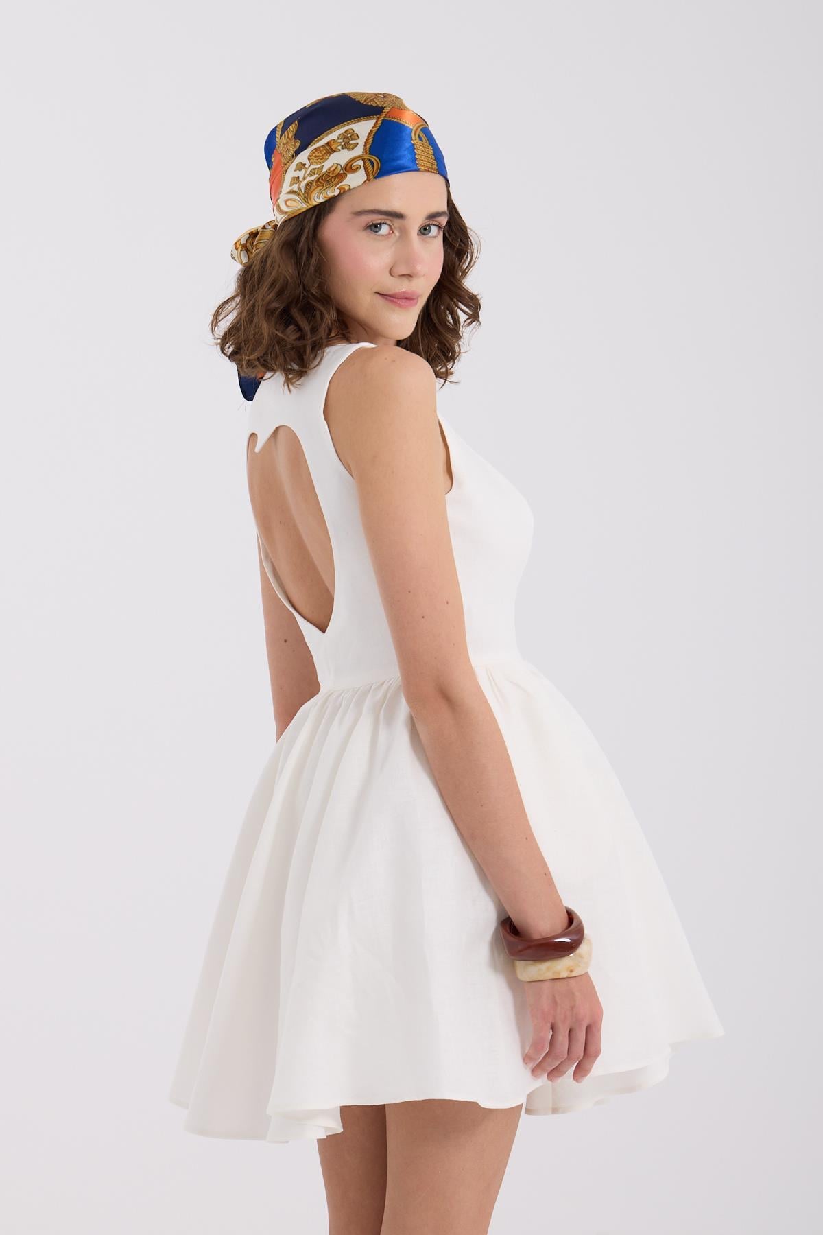 Back to Love 100% Keten Mini  Elbise Beyaz