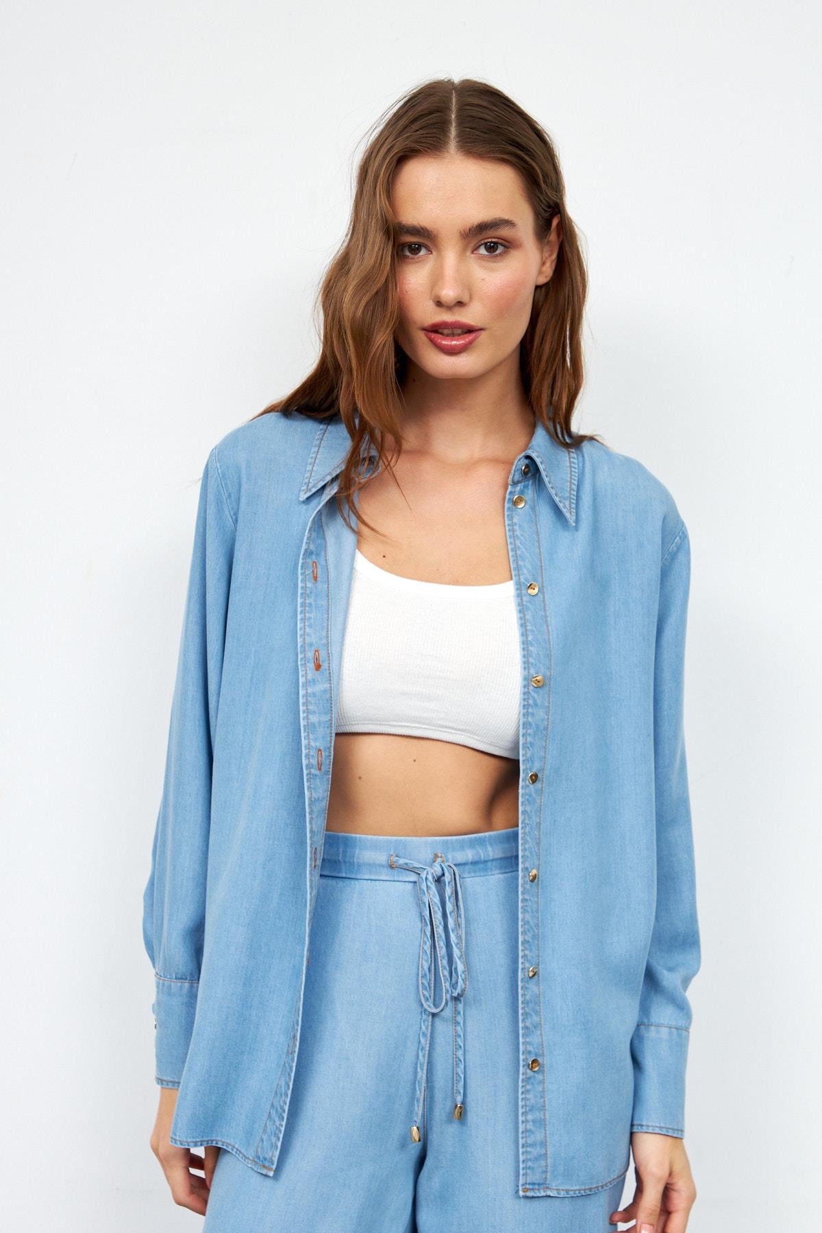 Carrie  Dökümlü Tencel Jean Gömlek LİGHT BLUE