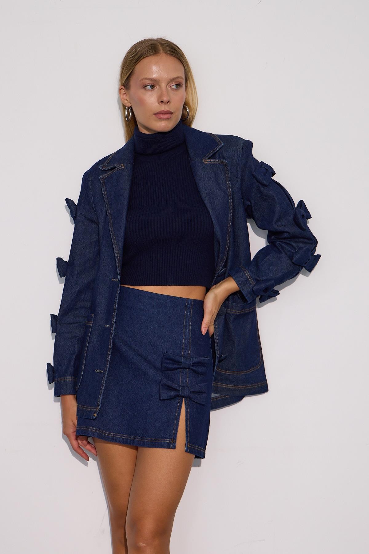 Chic Bow Fiyonklu Mini Denim Etek DARK BLUE