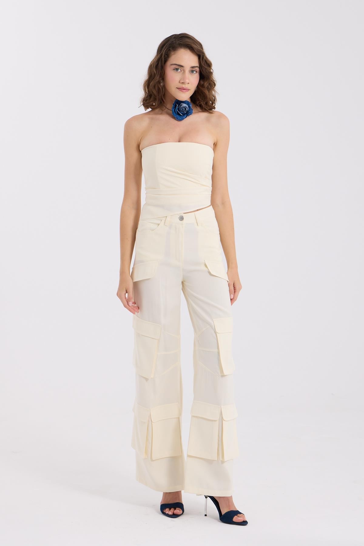 Chic Pockets Çok Cepli Pantolon Beyaz