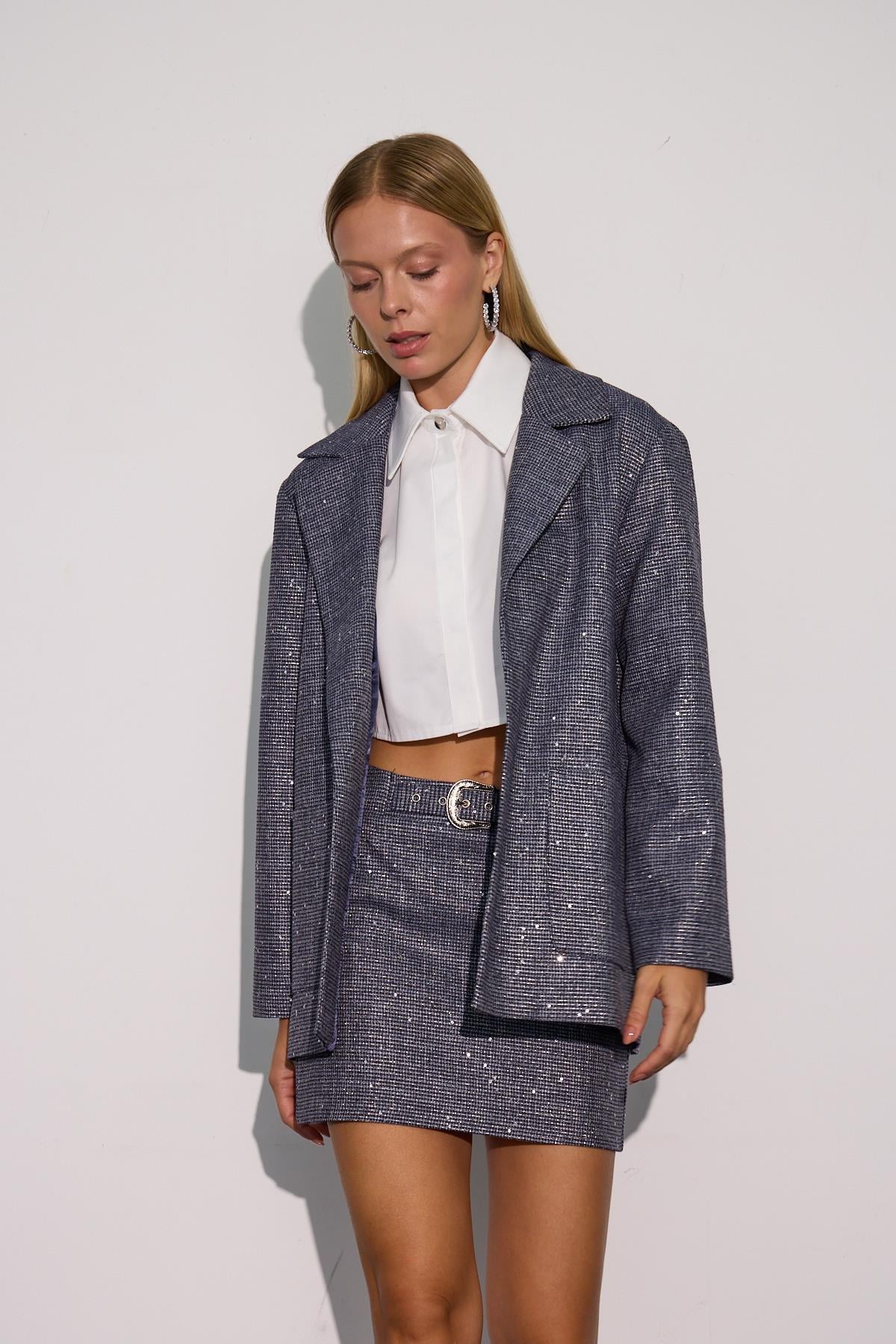 City Chic Payet Detaylı Işıltılı Kumaşlı Ceket LACİVERT-GÜMÜŞ