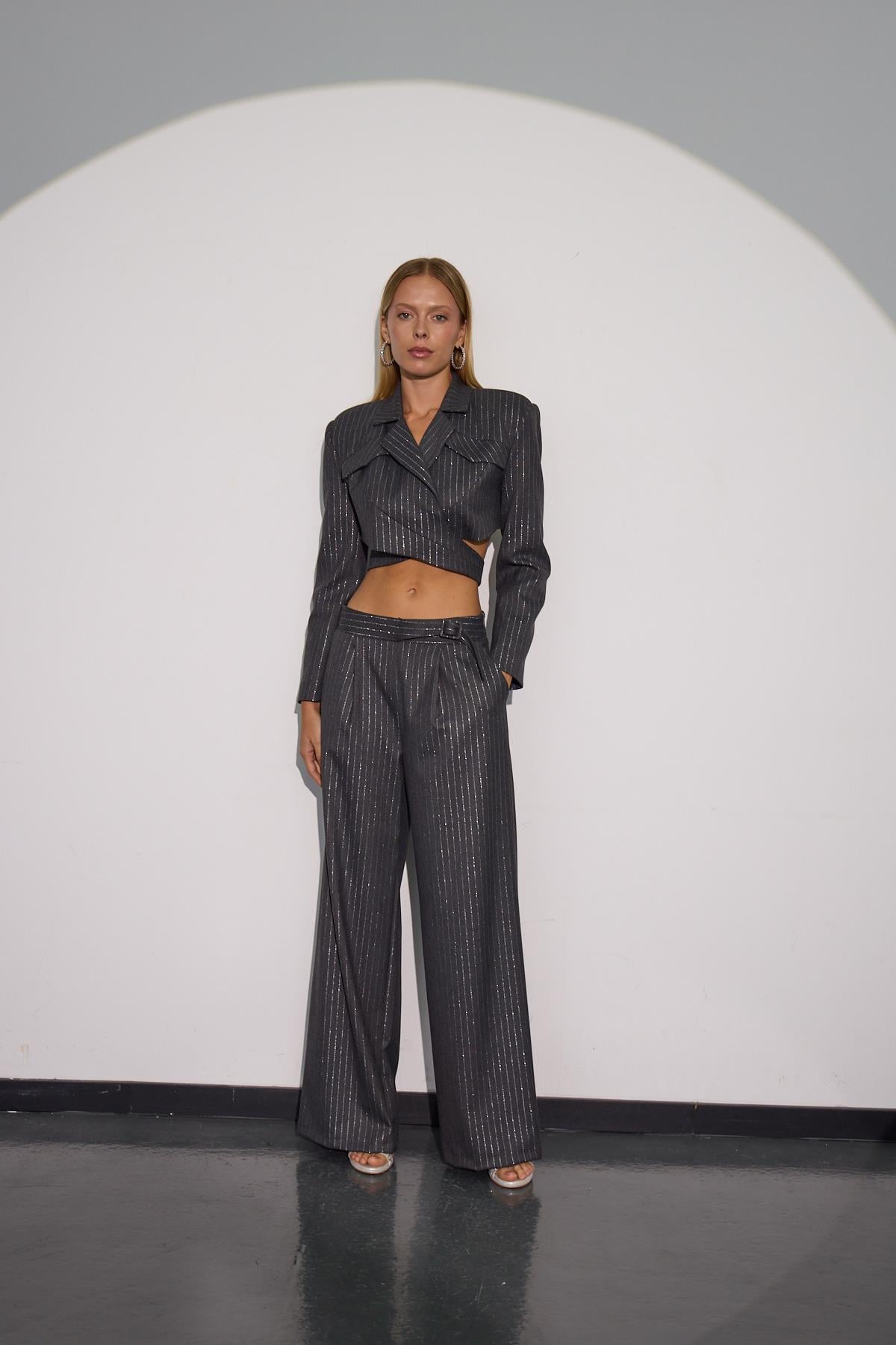 City Glam Bel Detaylı Sim Çizgili Kumaş Pantolon ANTRASİT-GÜMÜŞ