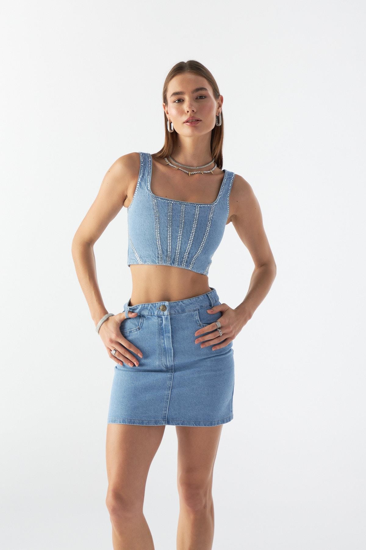Crystal Charm Denim Büstiyer LİGHT BLUE