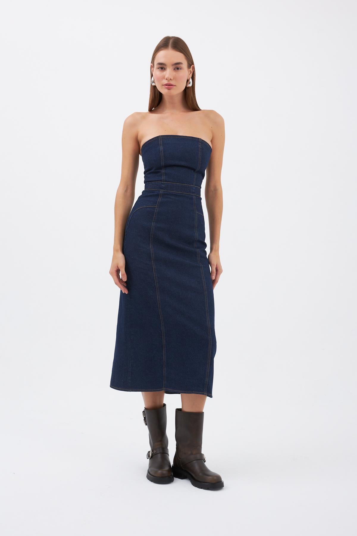 Denim Serisi Straplez Maxi Boy Elbise Koyu Mavi