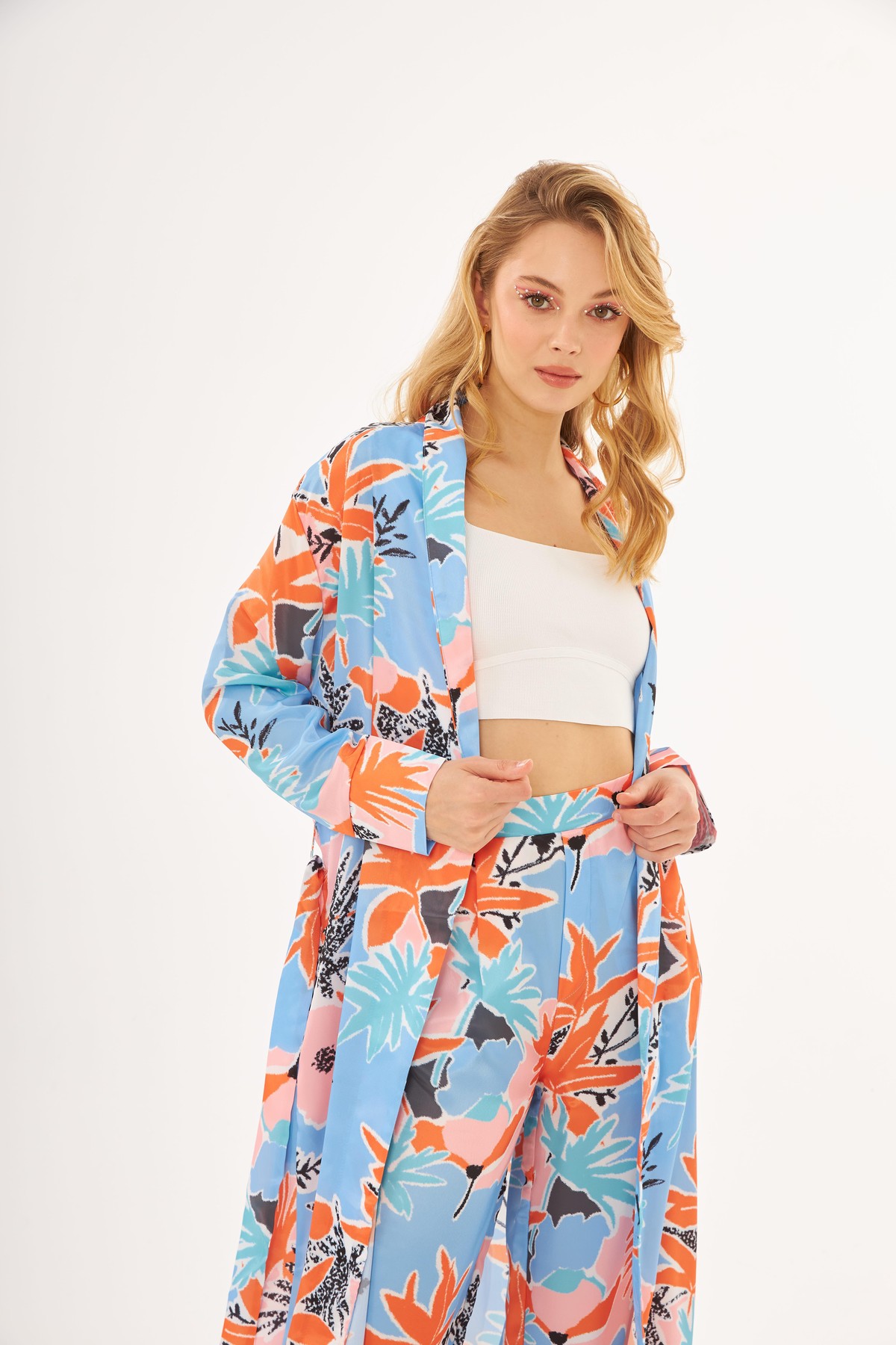 Desenli Saten Kimono Mavi