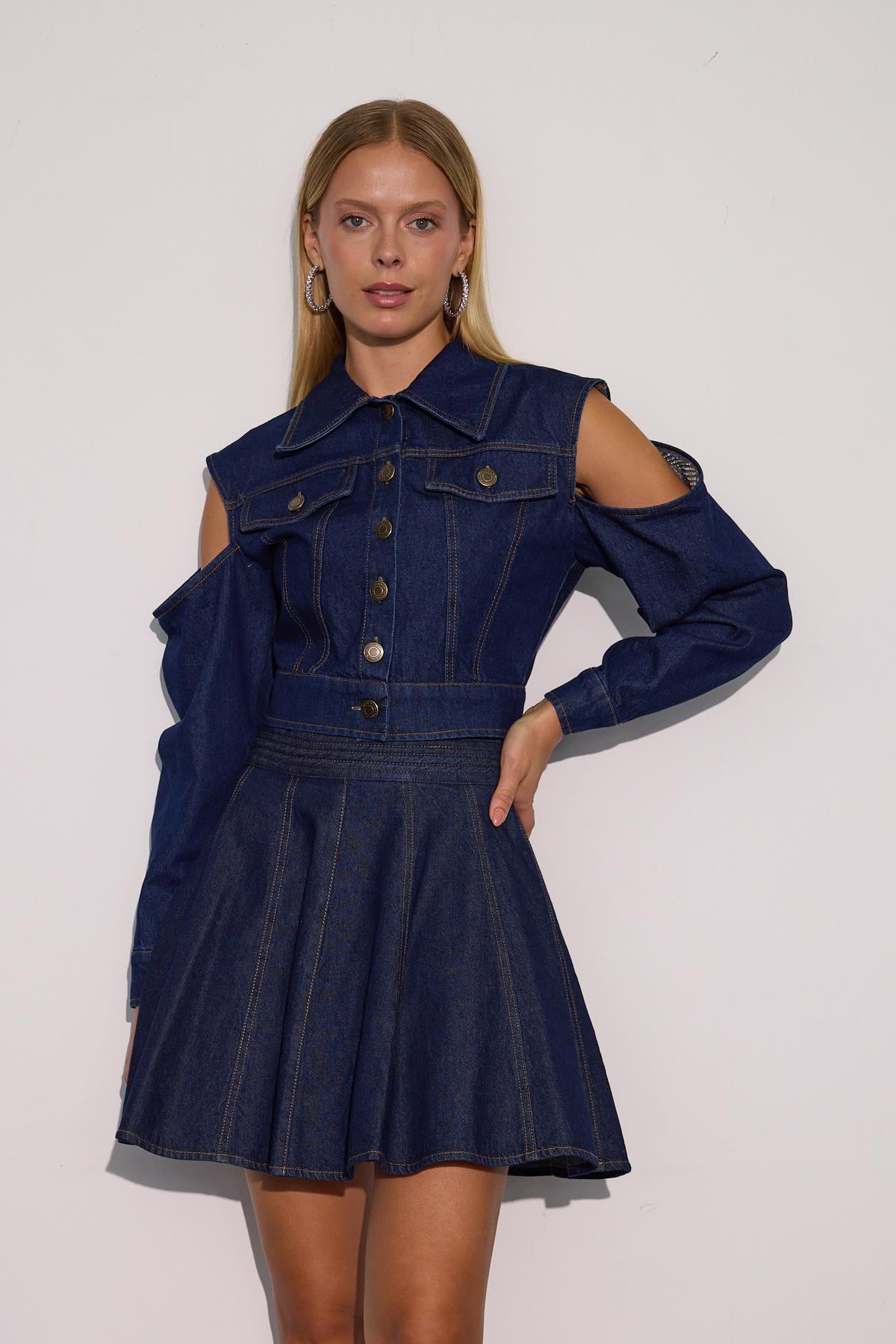 Diamond Star Parlak Taş Detaylı Denim Ceket DARK BLUE