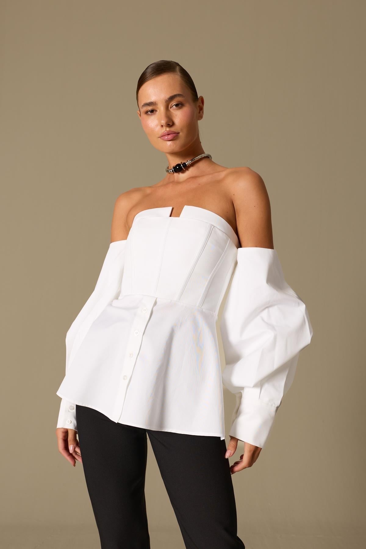 Dusk Volume 100% Cotton Corset Shirt Top Ecru