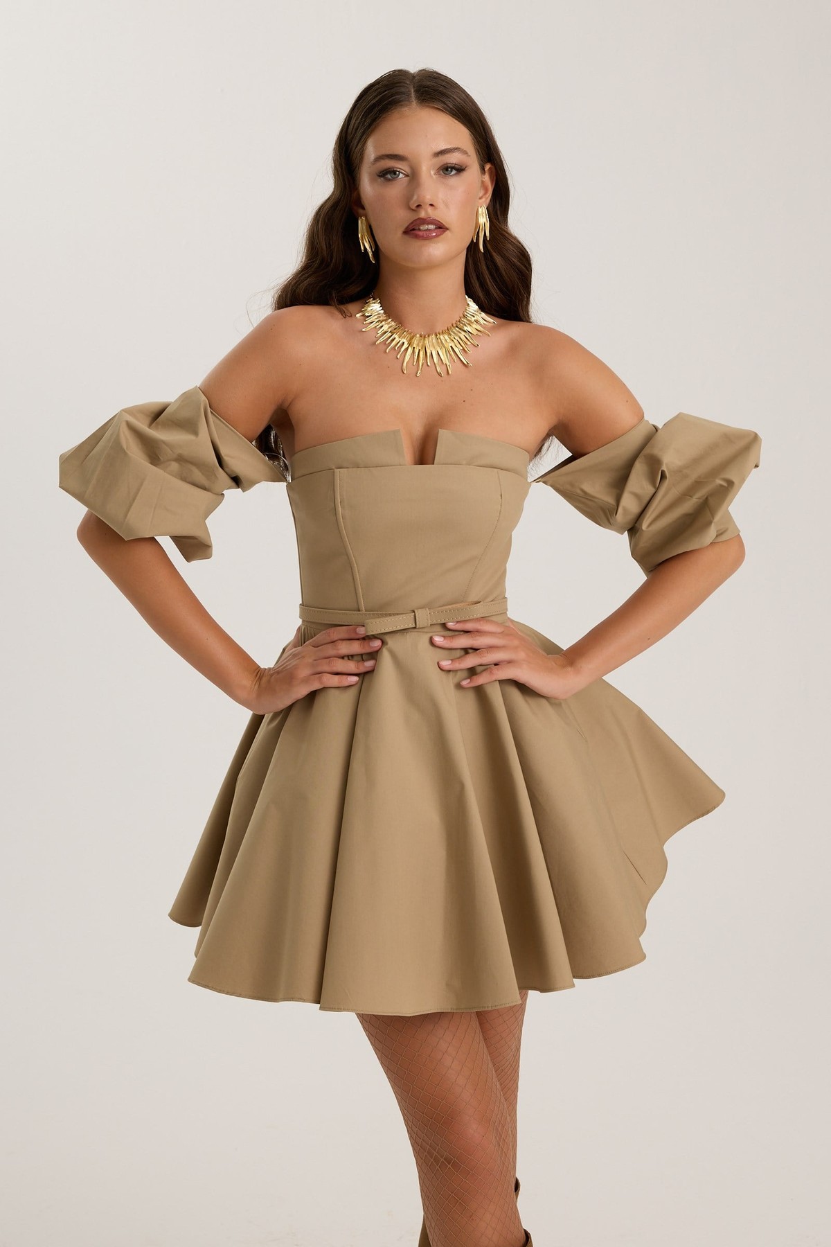 Dusk Volume Mini Dress Bronze Brown