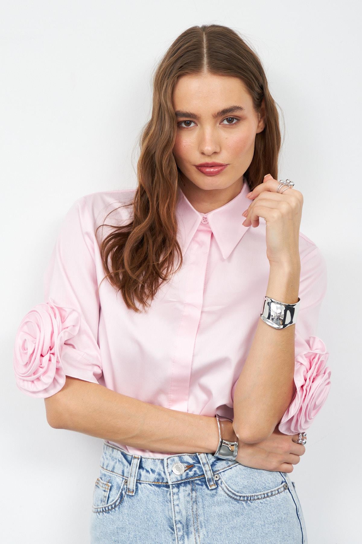 Floral Sleeves %100 Koton Kısa Kollu Gömlek TOZ PEMBE
