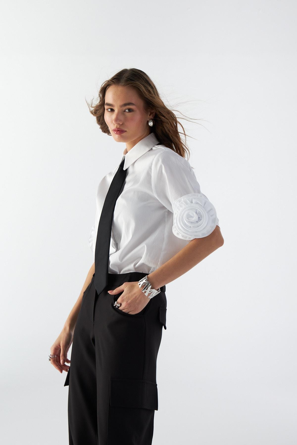 Floral Sleeves %100 Koton Kısa Kollu Gömlek Beyaz