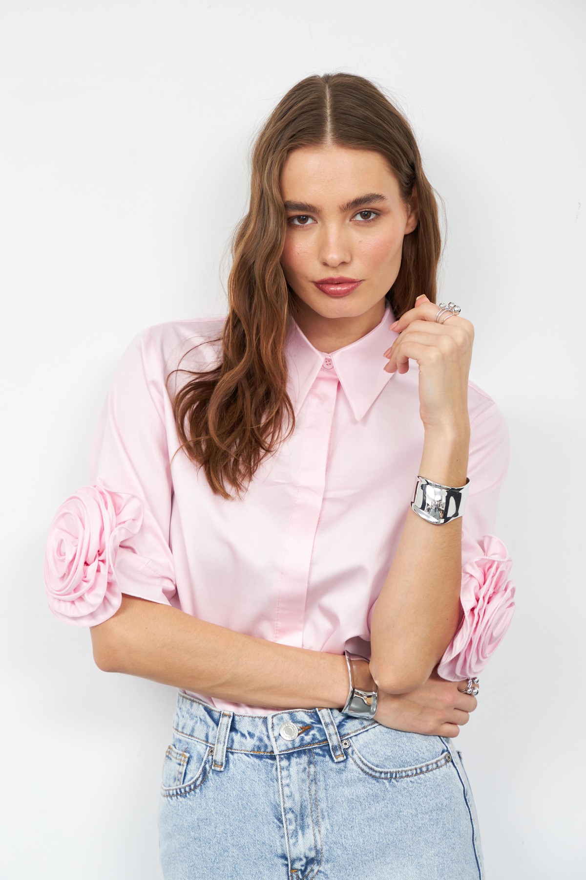 Floral Sleeves %100 Koton Kısa Kollu Gömlek TOZ PEMBE